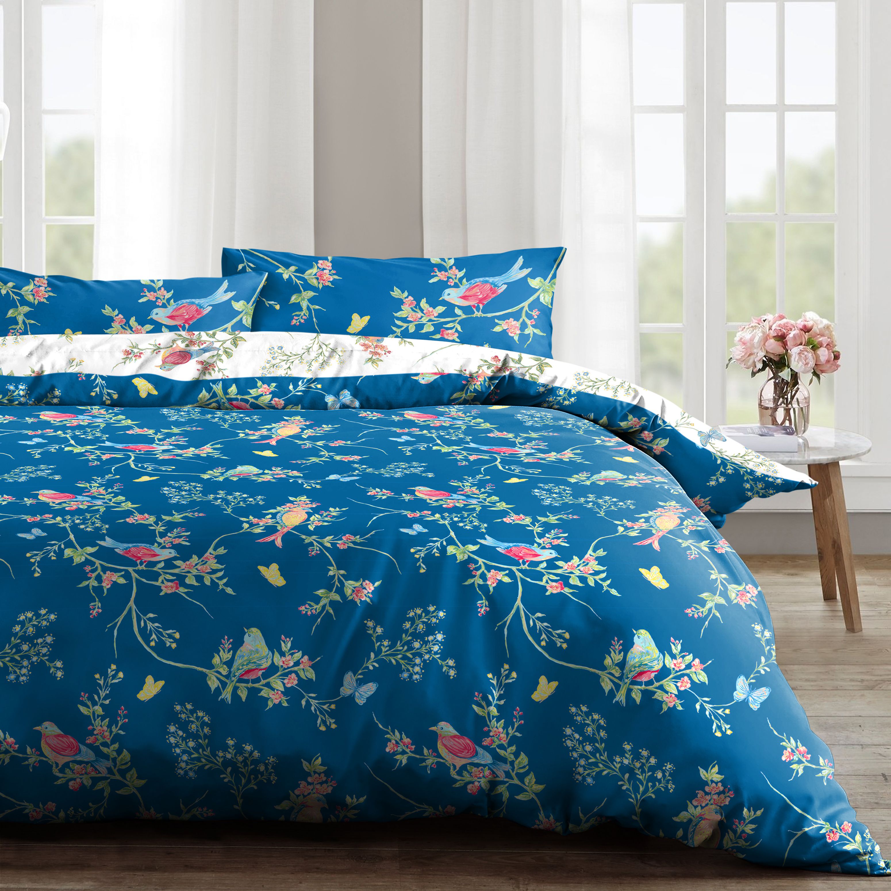 Velosso Birds Floral Cotton Rich Printed Duvet Cover & Pillowcase Set in Navy