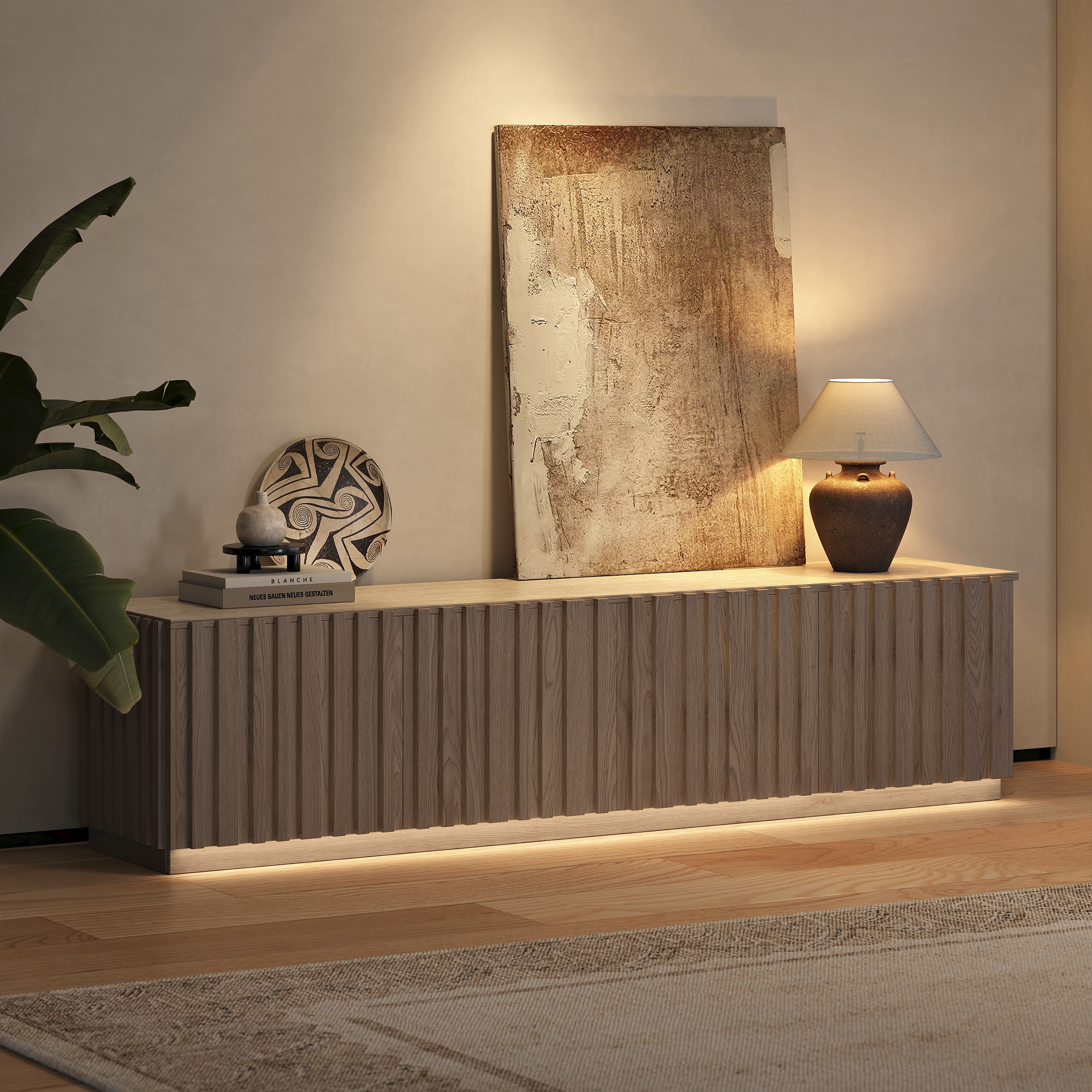 Aura 210 cm Mid-Century Modern Ash Wood Slatted Whitewash TV Stand with Travertine Veneer Top