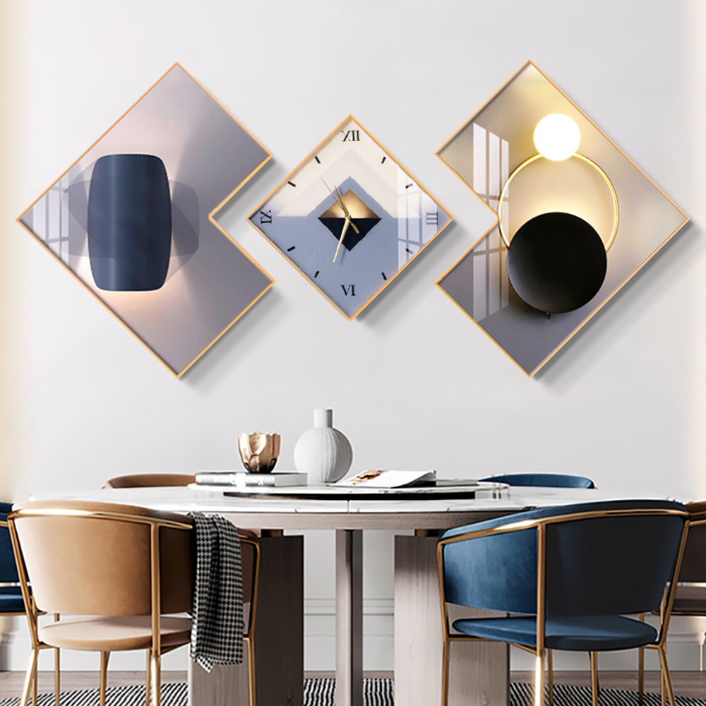 3Pcs Modern Geometric Wall Clock Decor Set Canvas Painting Wall Clocks with Gold Frame