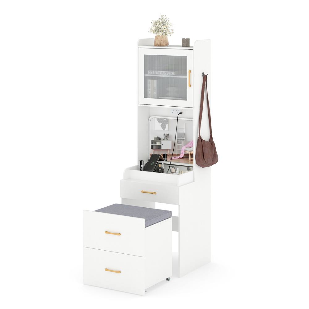 Costway Vanity Desk w/ Flip-up Mirror & Movable Storage Stool Makeup Table in White