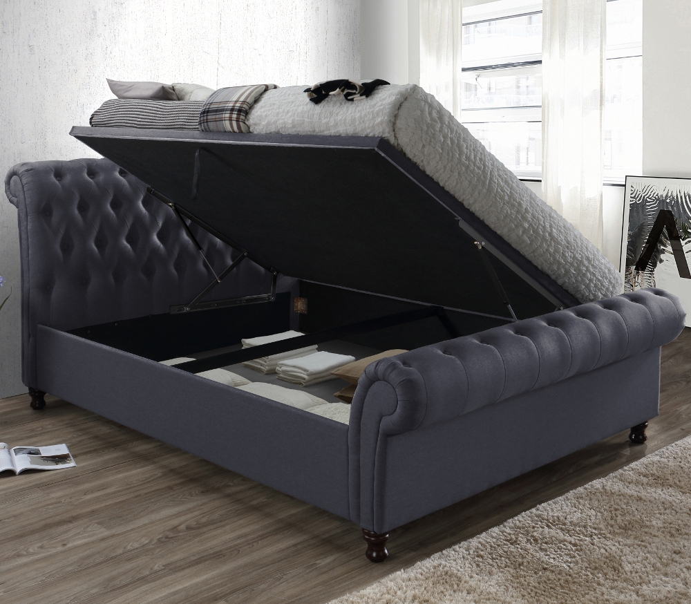 Castello Charcoal Fabric Ottoman Scroll Sleigh Bed - 6ft Super King Size
