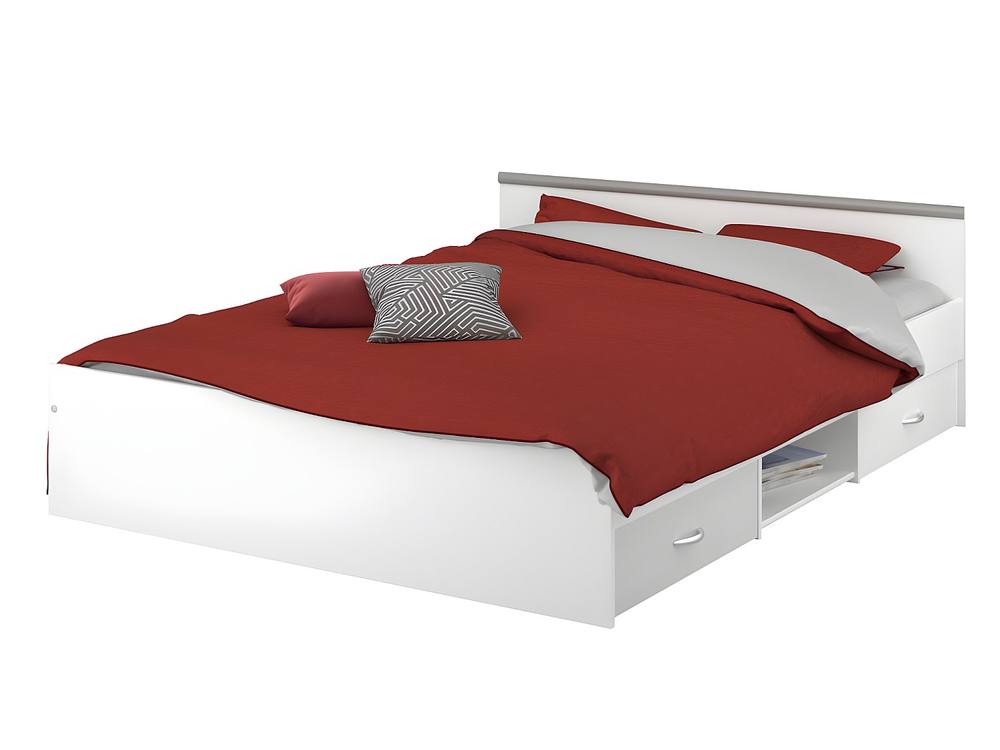 Vente-unique 140 X 190 Cm Bed With Storage, 2 Drawers & 1 Compartment - White + 4