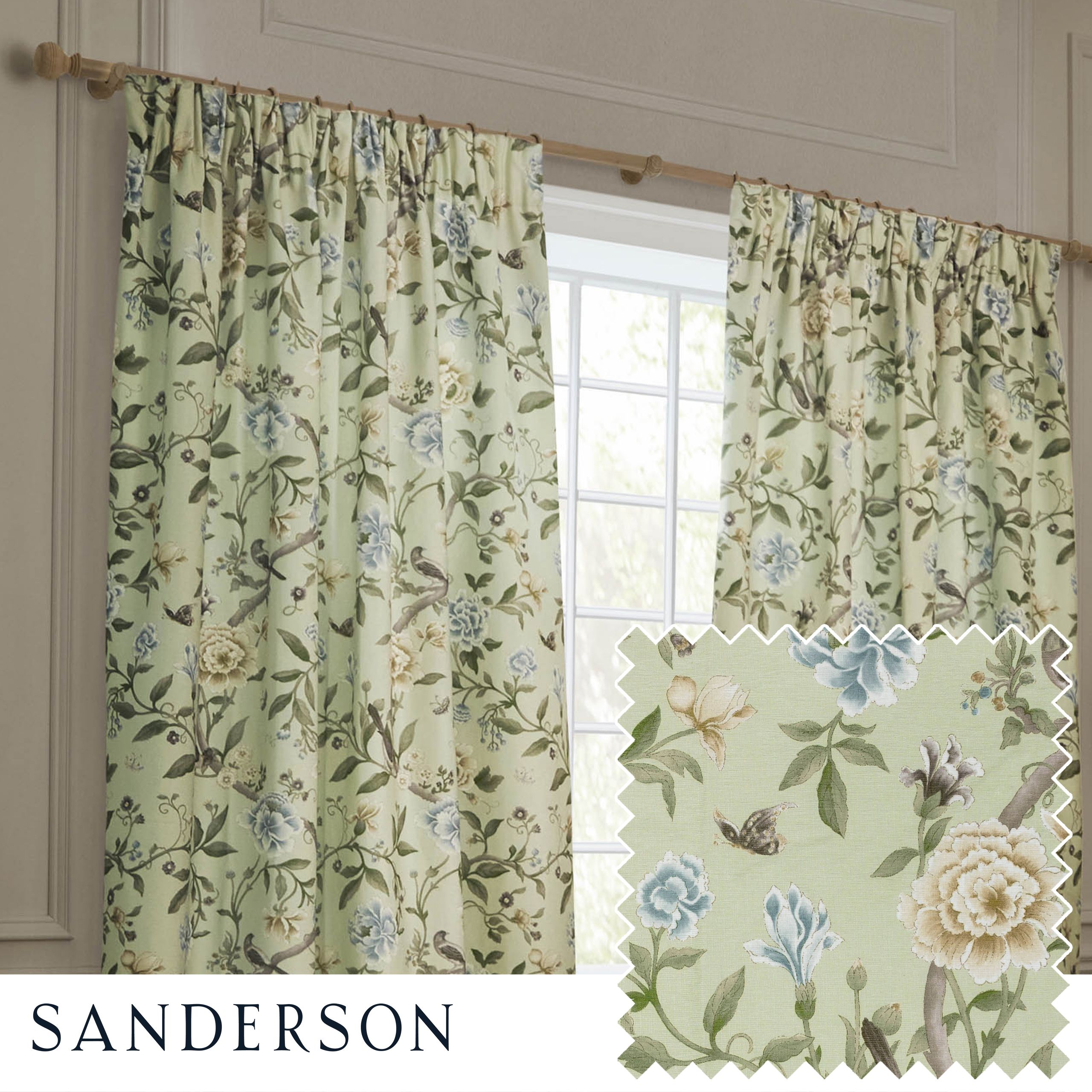Sanderson Porcelain Garden Printed Chenille Room Darkening Pencil Pleat Curtains in Light Green