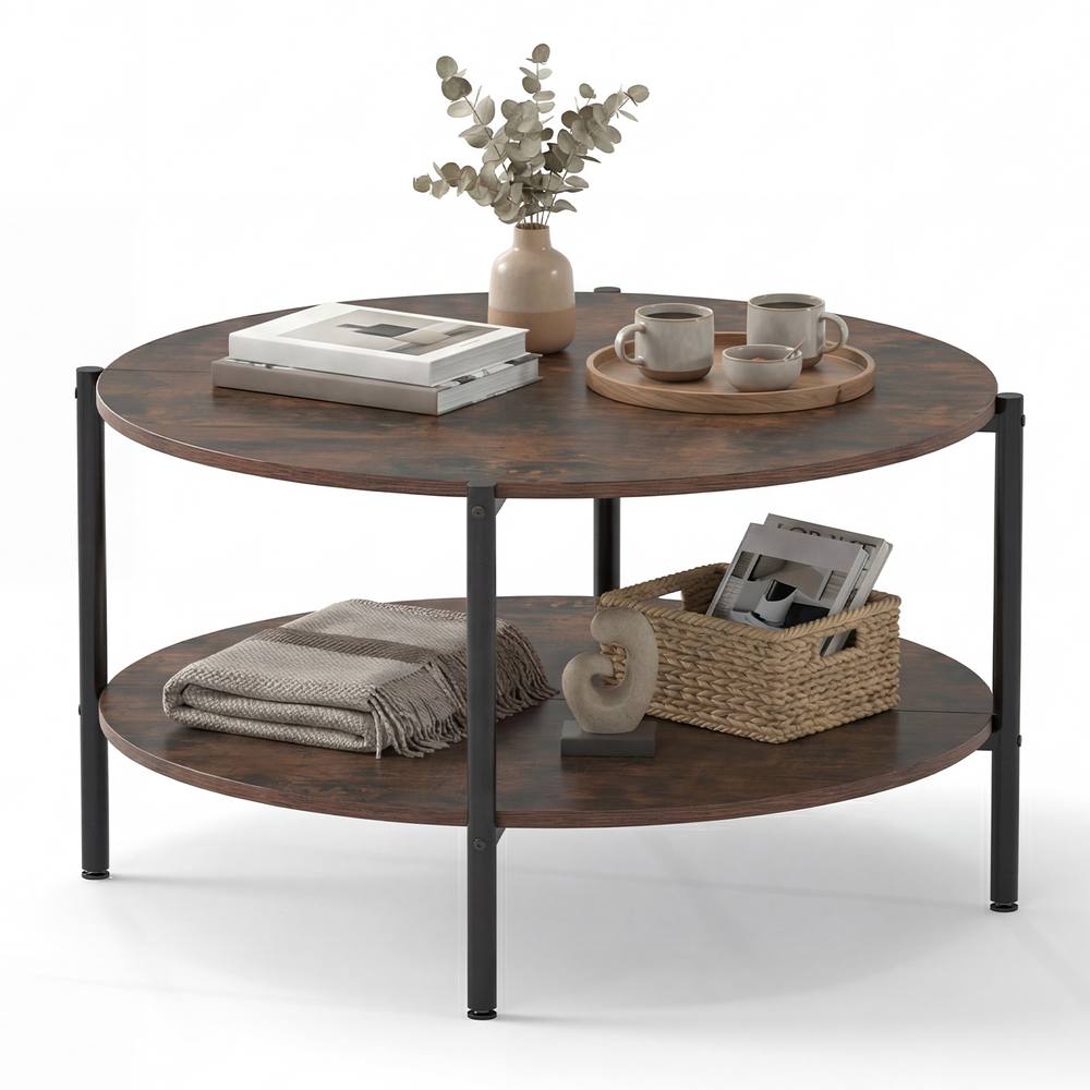 Costway 2-Tier Round Coffee Table Industrial Cocktail Table w/Storage Shelf in Brown
