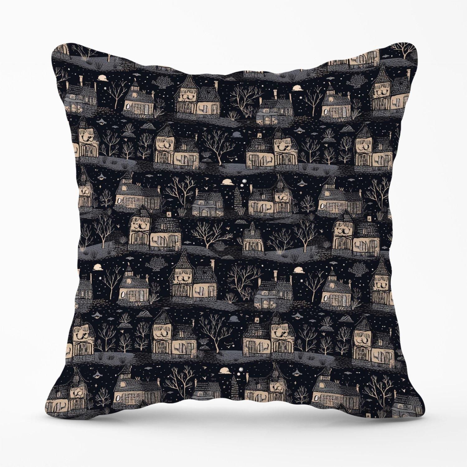 Warren Reed - Designer Spooky Haunted Houses Outdoor Cushion in Grey
