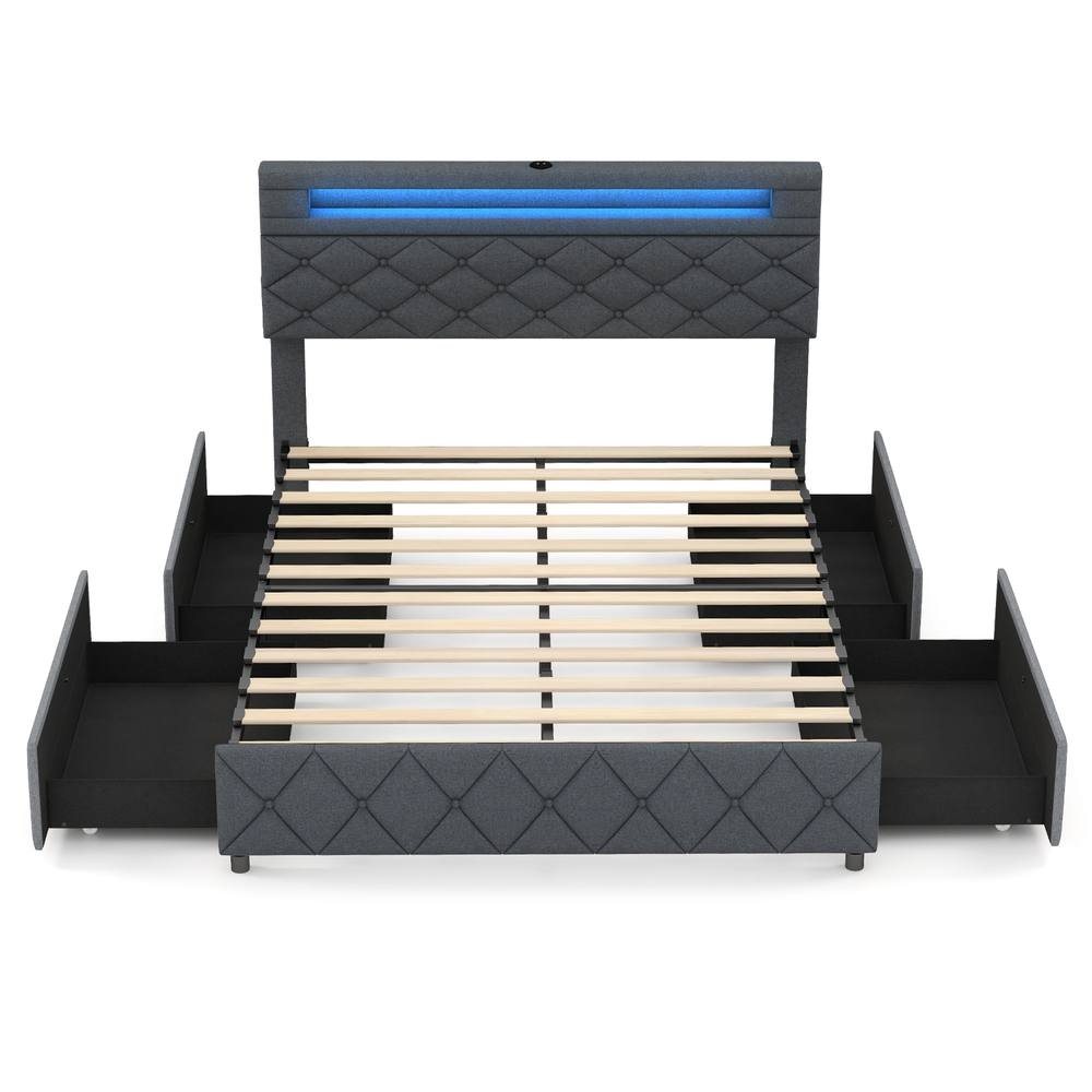 Costway Double Size Bed Frame w/ Led Lights & Charging Station-Grey in Grey