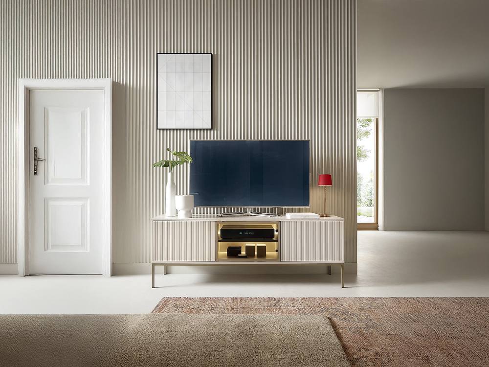 Vente-unique 3 - Door TV Unit With Leds In MDF & Smoked Glass - Beige & Black
