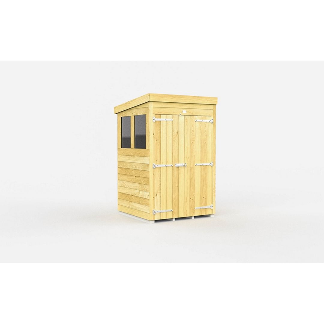 Buttercup Farm 4 x 4 Feet Pent Shed - Double Door W/ Windows - L118 x W127 x H201 cm in Brown