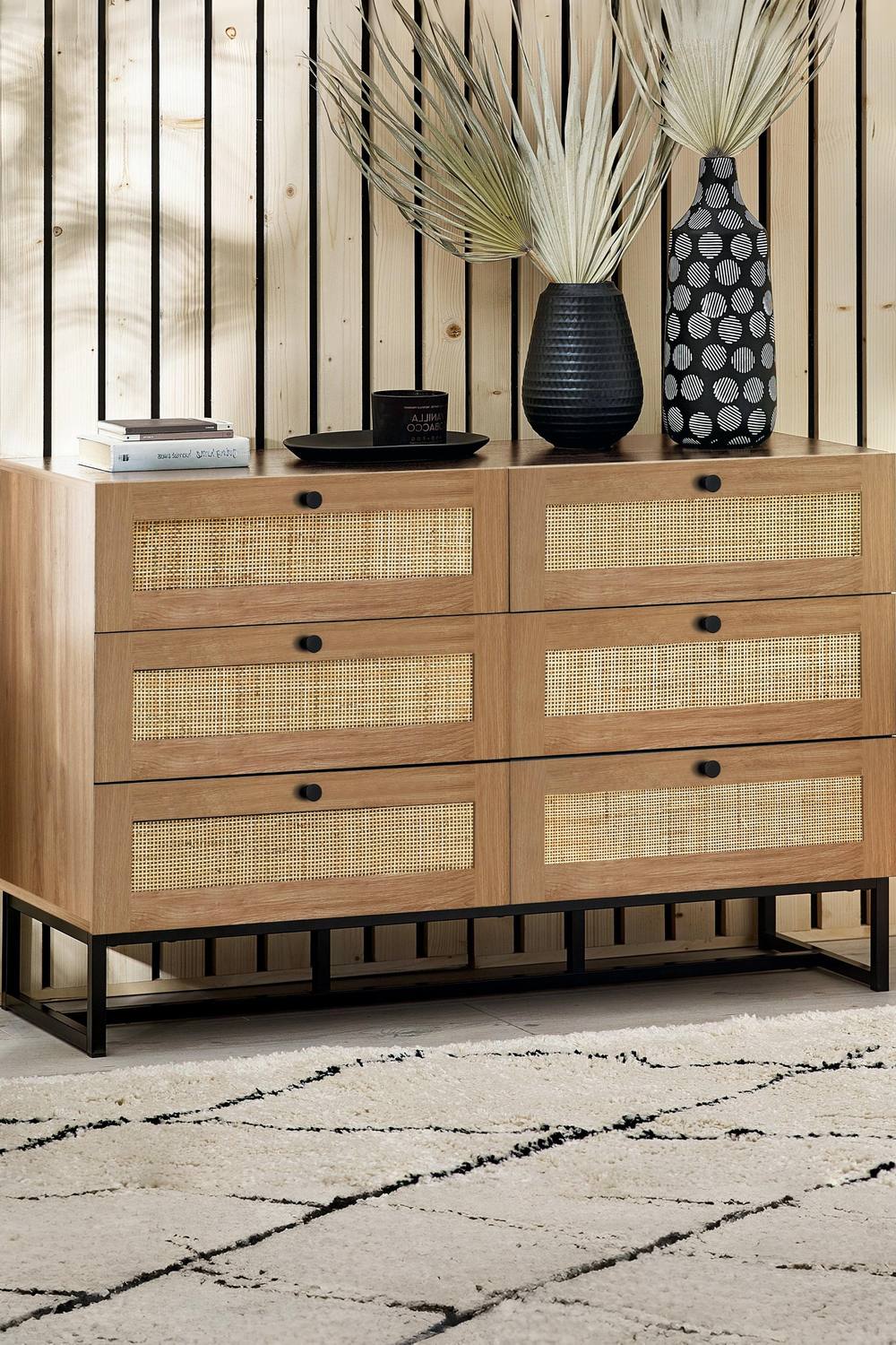Julian Bowen Padstow Rattan 6 Drawer Wide Chest in Light Oak
