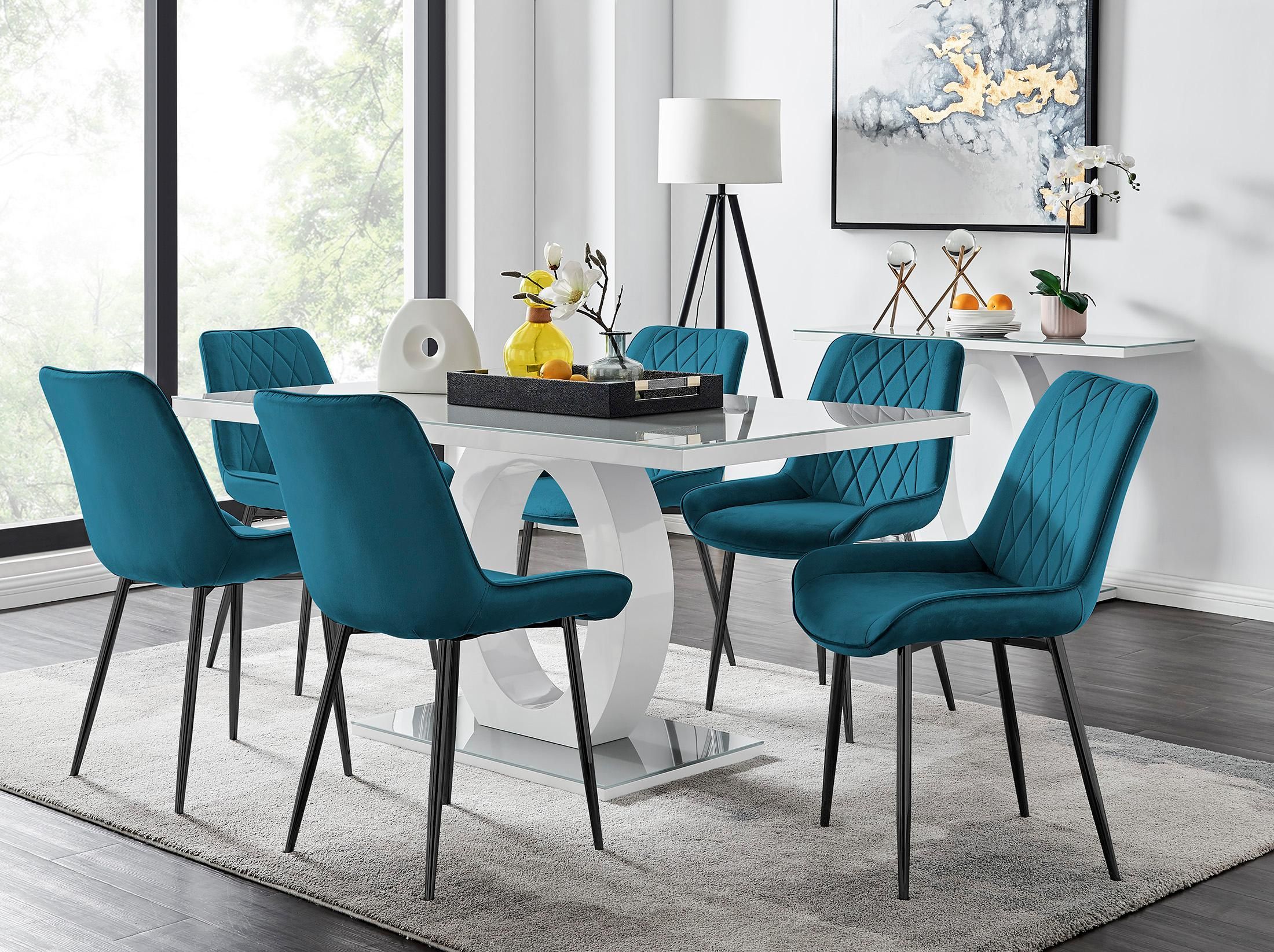 FurnitureboxUK Giovani 6-Seater Grey Glass Dining Table & 6 Pesaro Soft Velvet Dining Chairs in Blue