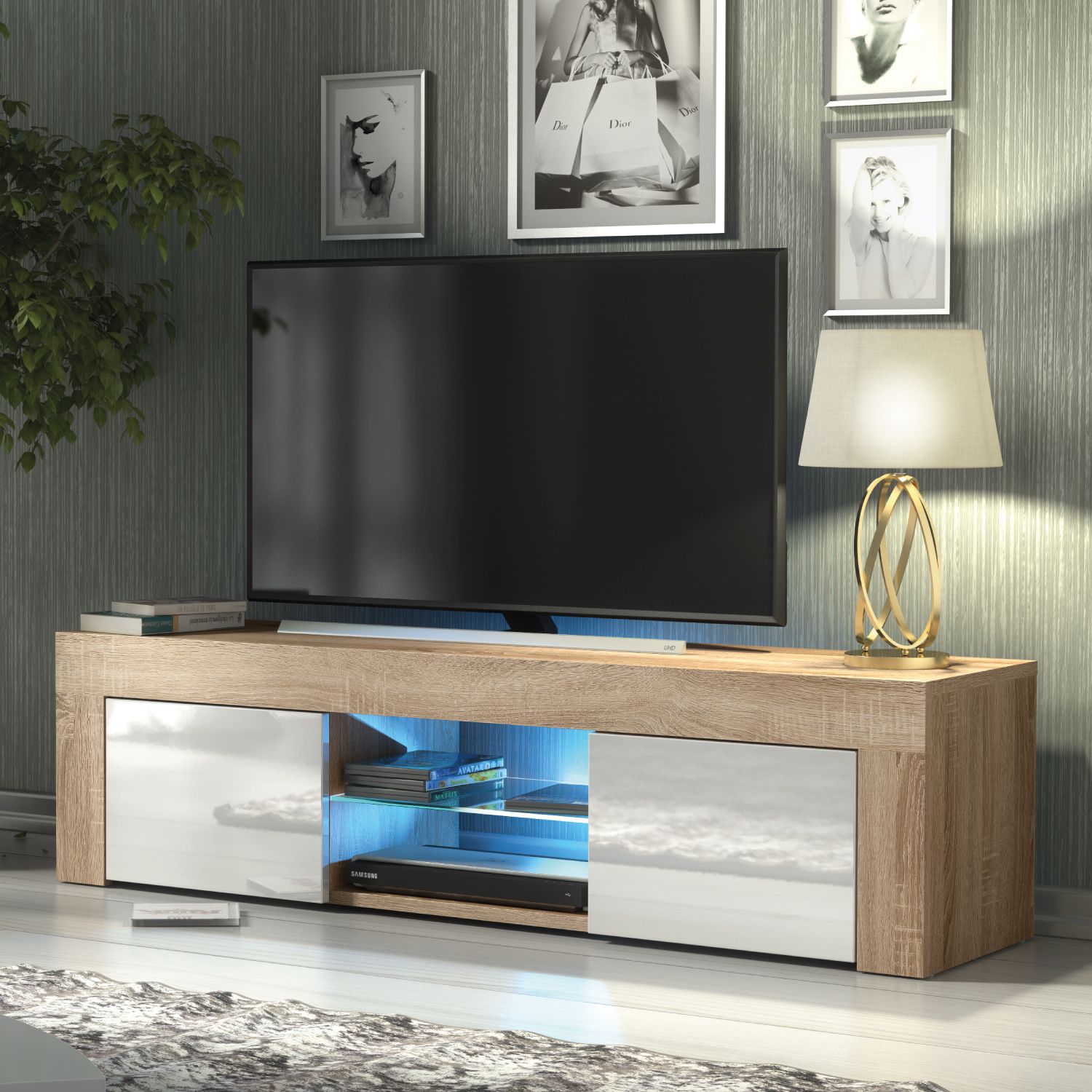 Creative Furniture Loom TV Unit 130cm - A Minimalist & Sophisticated Cabinet with Gloss Doors & LED Lights in Light Oak