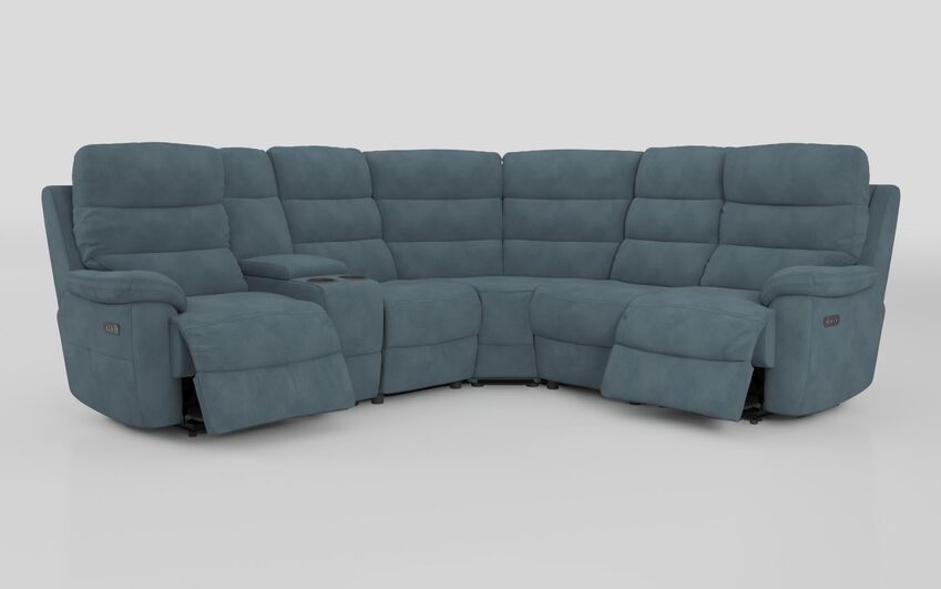 Blue Fabric Ossett 2 Corner 2 Power Sofa with Left Hand Facing Console & Head Tilt