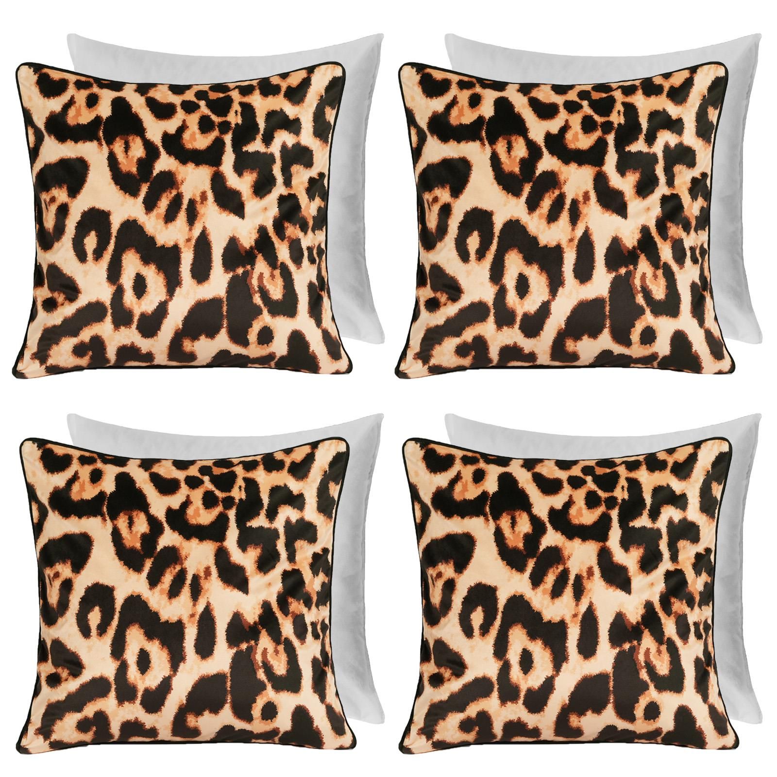 OHS 4 Pack Leopard Matte Velvet Filled Cushion Covers in Natural