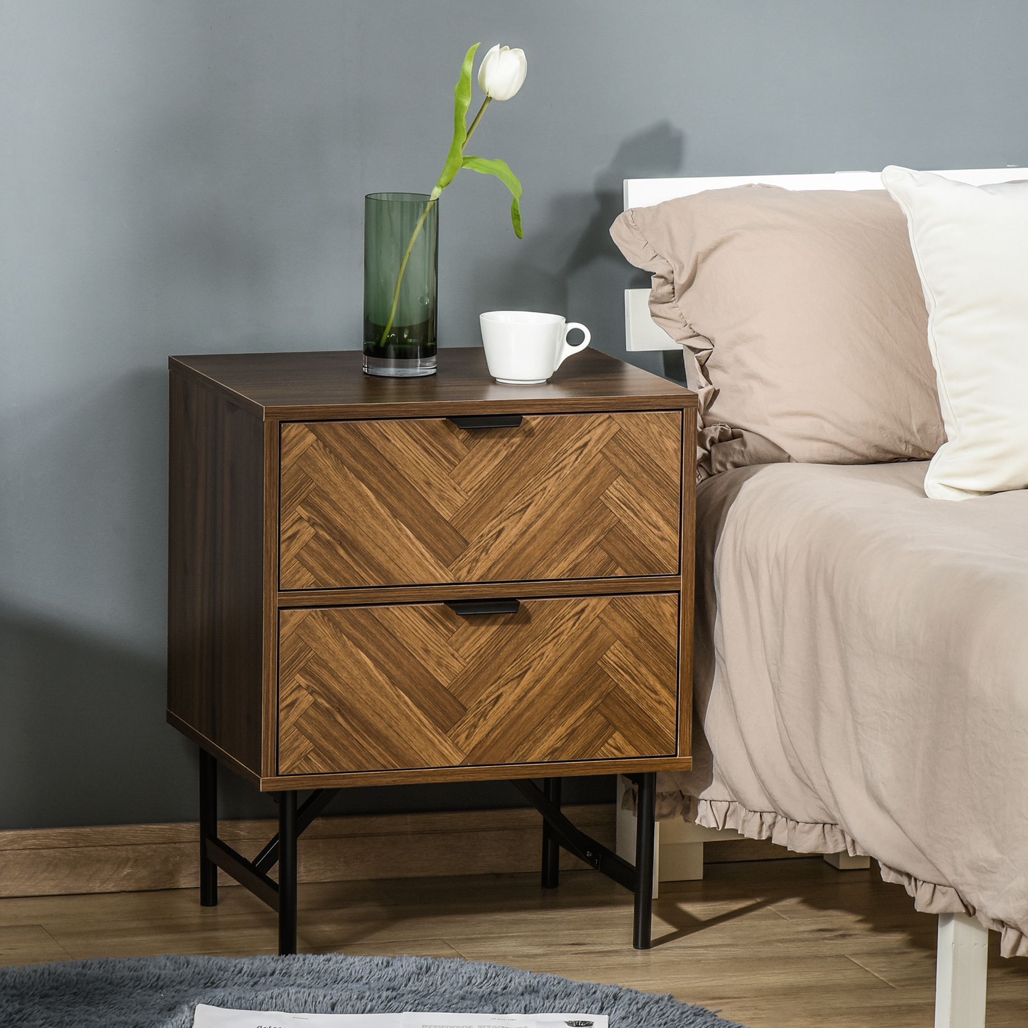 HOMCOM Two Drawer Herringbone Bedside Table Home Side Cabinet Storage in Brown