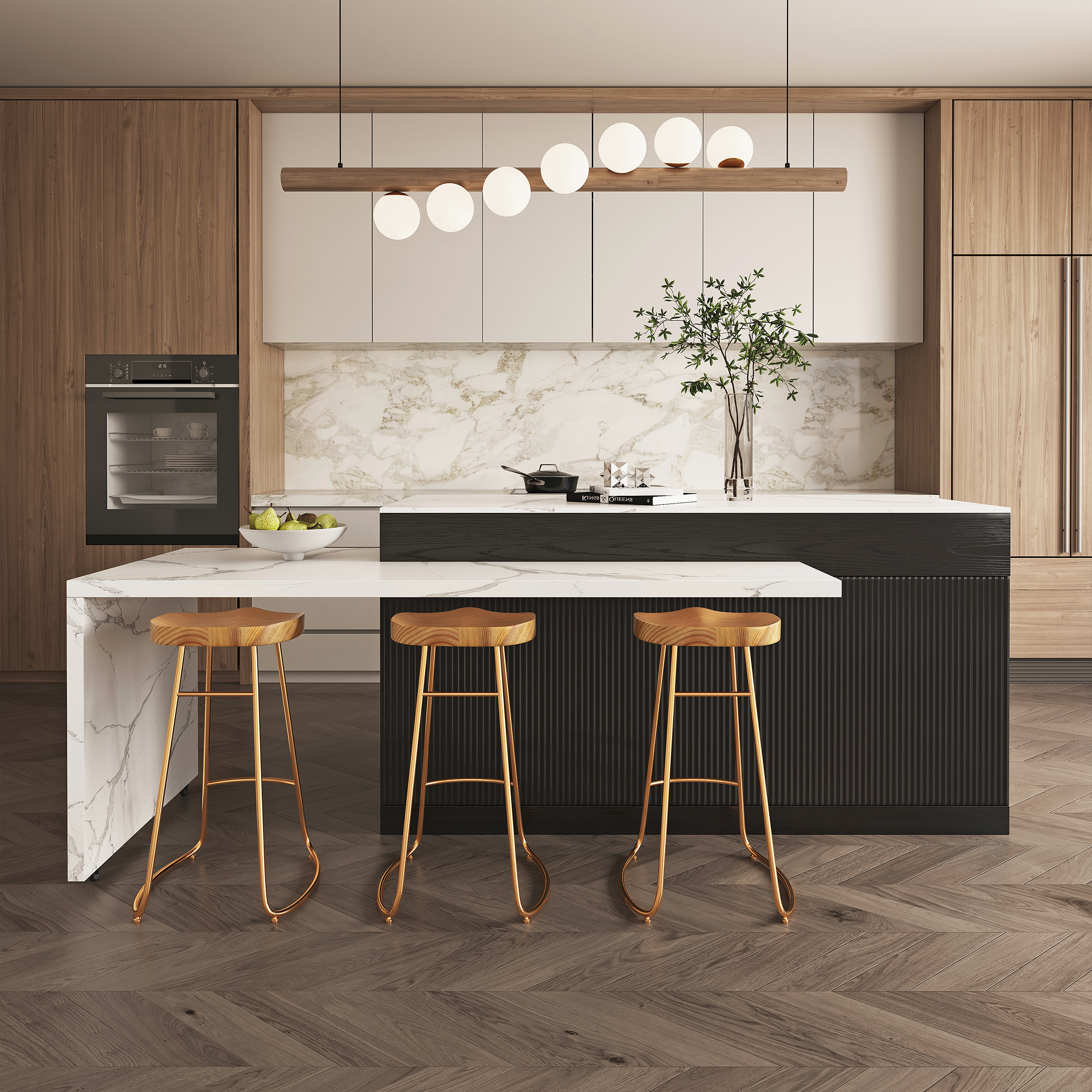 81''-270 cm Extendable Kitchen lsland Marble Pattern Top with Doors & Drawers Black Modern