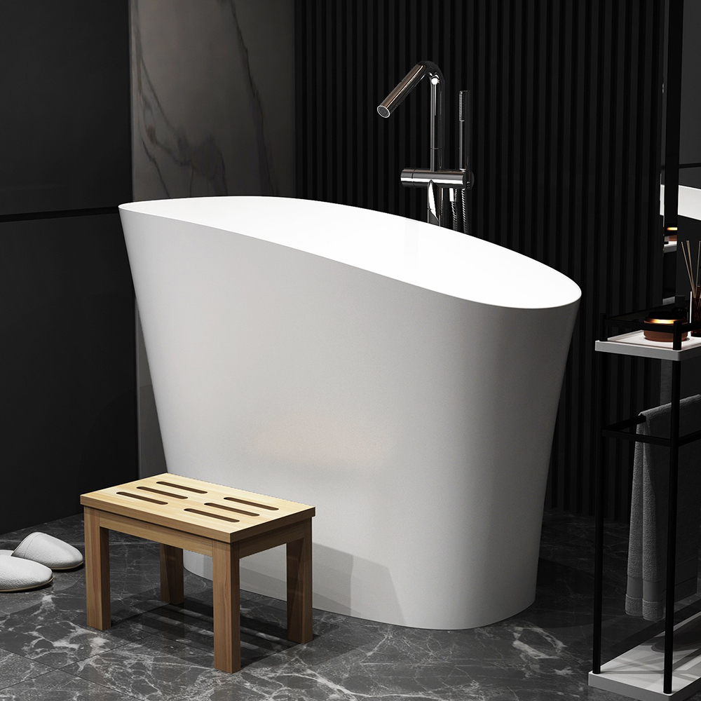 120 cm Japanese Irregular Freestanding Bathtub Stone Resin Oblique Deep Matte White Soaking Tub – with Built-in Seat and Bonus Wooden Side Stool