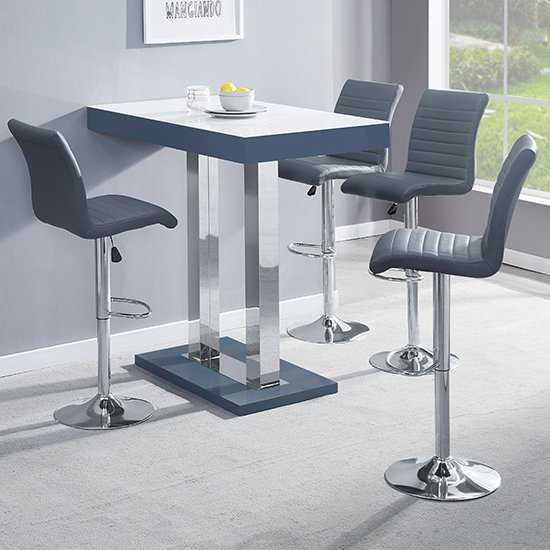 Caprice Grey White Gloss Bar Table With 4 Ripple Grey Stools
