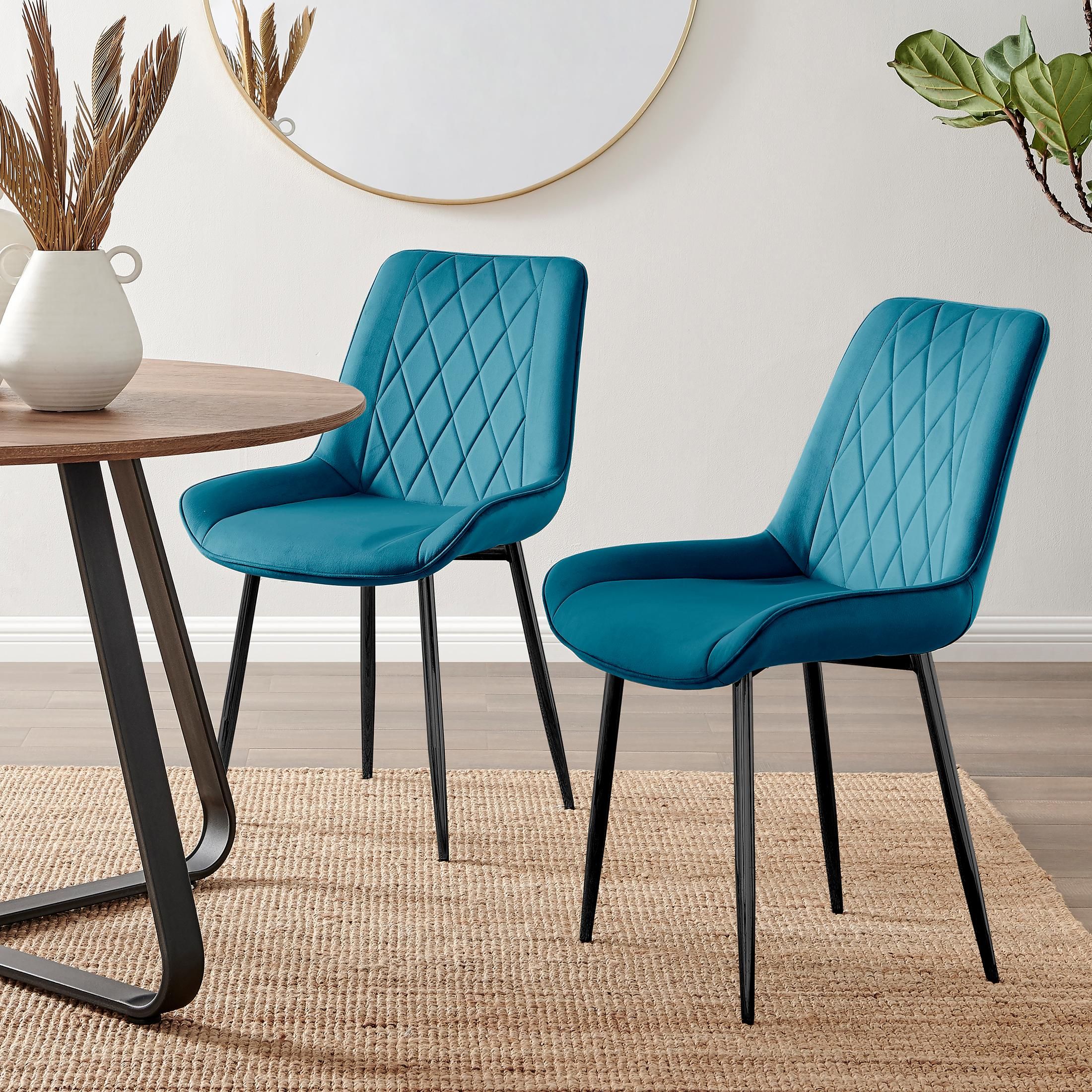 FurnitureboxUK Set of 2 Pesaro Luxury Velvet Dining Chairs With Diamond Stitched Back & Black Metal Legs in Blue