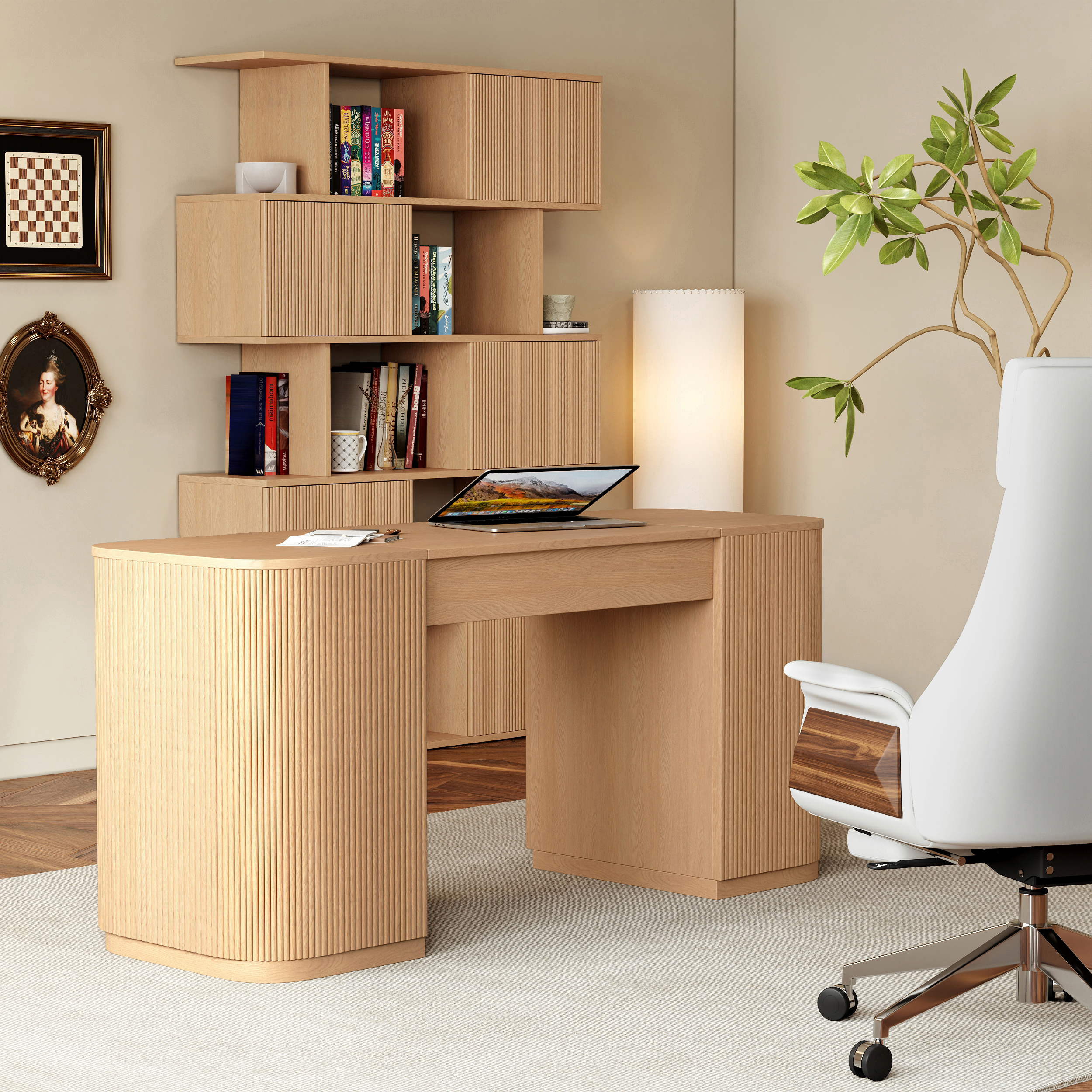 Modern 60" Natural Standing Office Desk & Sliding Door Etagere Bookshelf
