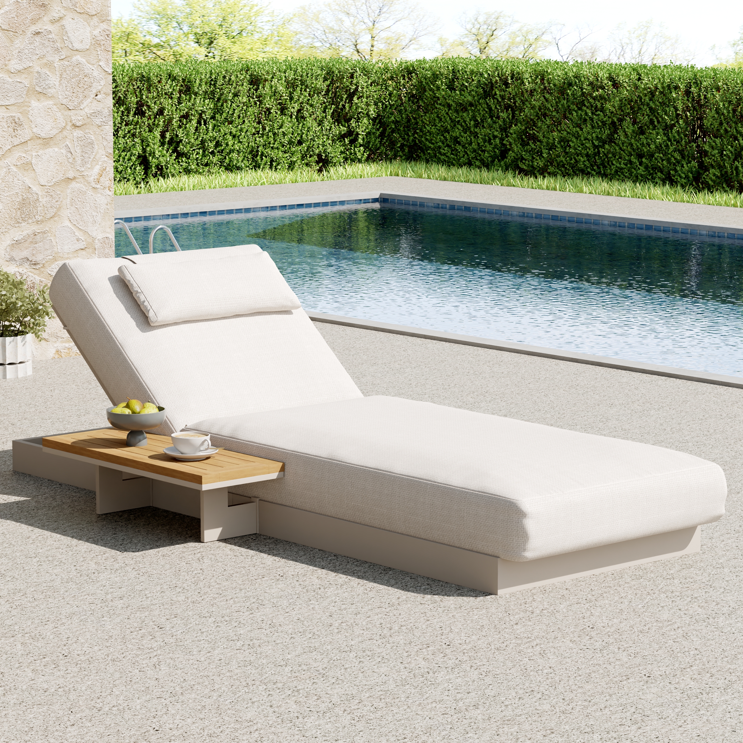 Axis Wood & Aluminum Outdoor Lounger Daybed Modern Yard & Patio Furniture in Warm White Cushion & Pillow Included (2000mm)