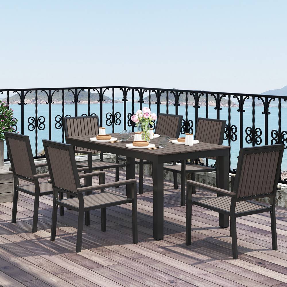 OUTSUNNY 6 Seater Aluminium Garden Dining Set with Stackable Chairs, Brown in Dark Brown