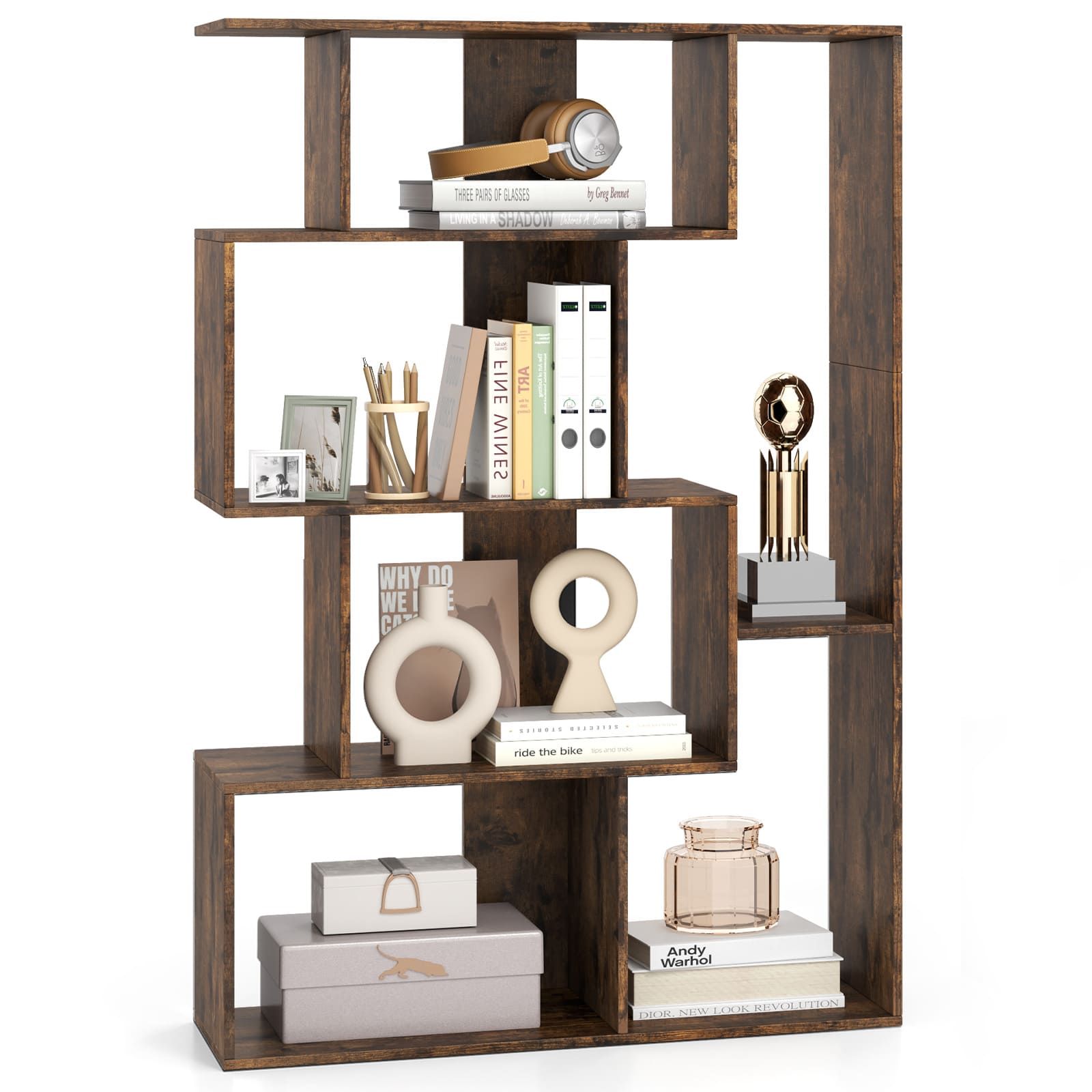 Costway Open-back Geometric Bookshelf Home 6-Cube Large Bookcase in Brown