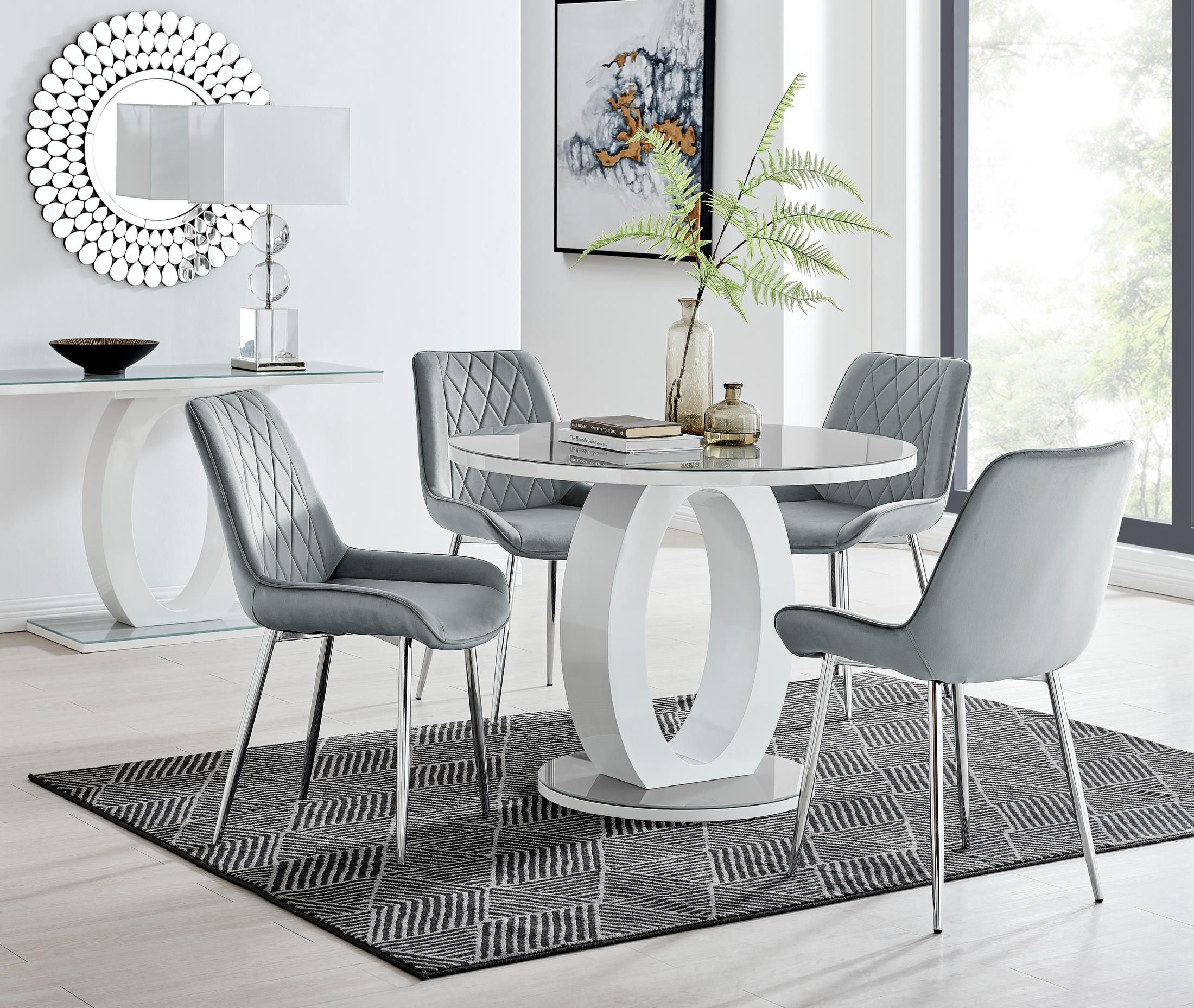 FurnitureboxUK Giovani Round 4 Seat 100cm White High Gloss Halo Base Grey Glass Top Dining Table 4 Soft Velvet Silver Leg Pesaro Chairs