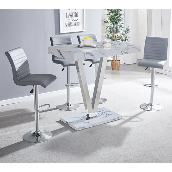 Vienna Gloss Bar Table In Diva Marble Effect 4 Grey Bar Stool