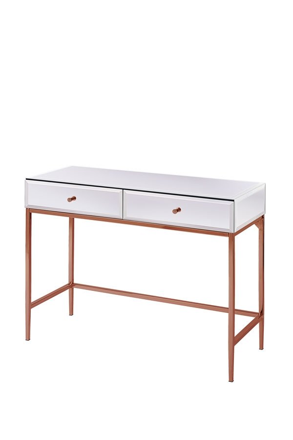 Stiletto Toughened White Glass and Rose Gold Console Table