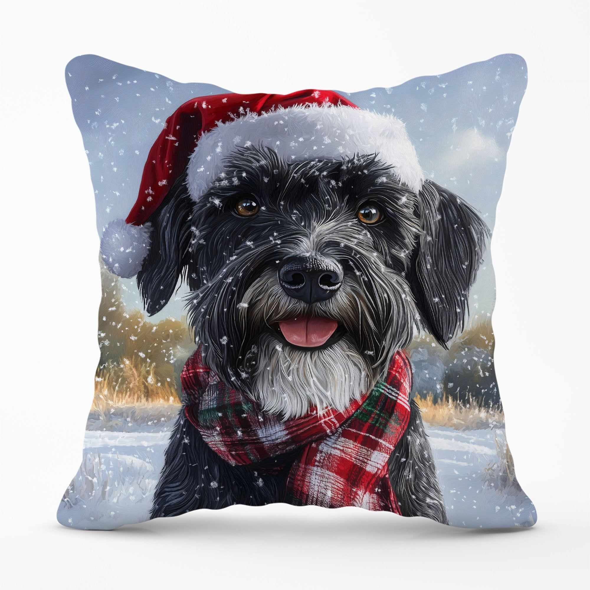 Warren Reed - Designer Snowy Christmas Giant Schnauzer Cushion in Black