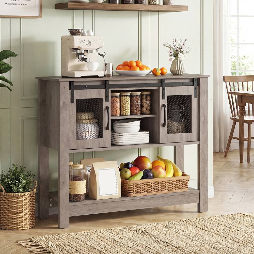 Costway Entryway Table w/ Barn Sliding Doors Console Table w/ Adjustable Shelf in Grey