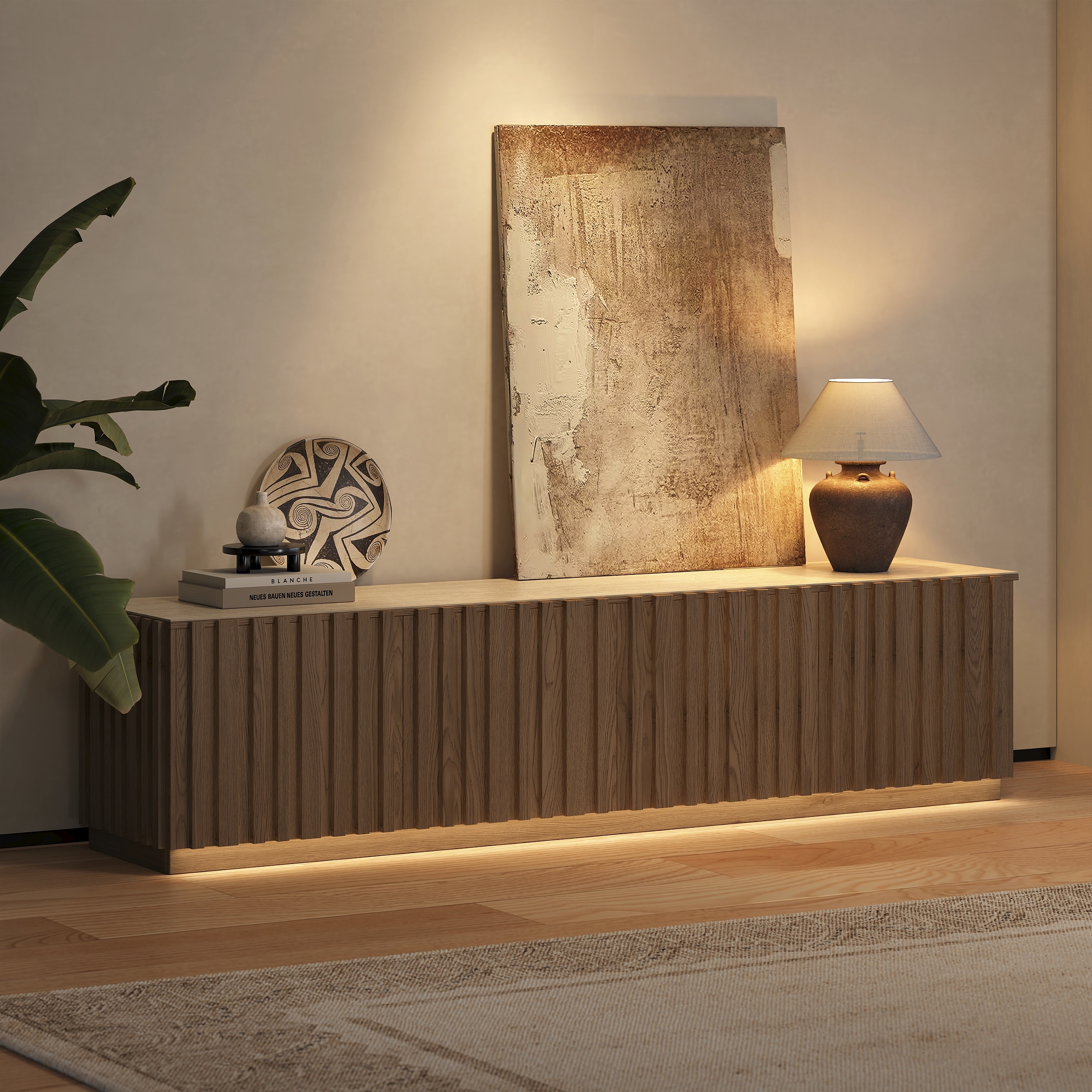 Aura 210 cm Mid-Century Modern Ash Wood Slatted Natural TV Stand with Travertine Veneer Top