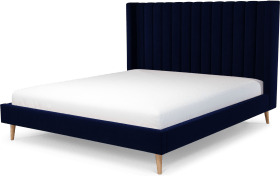 Cory Super King Size Bed, Prussian Blue Cotton Velvet with Oak Legs