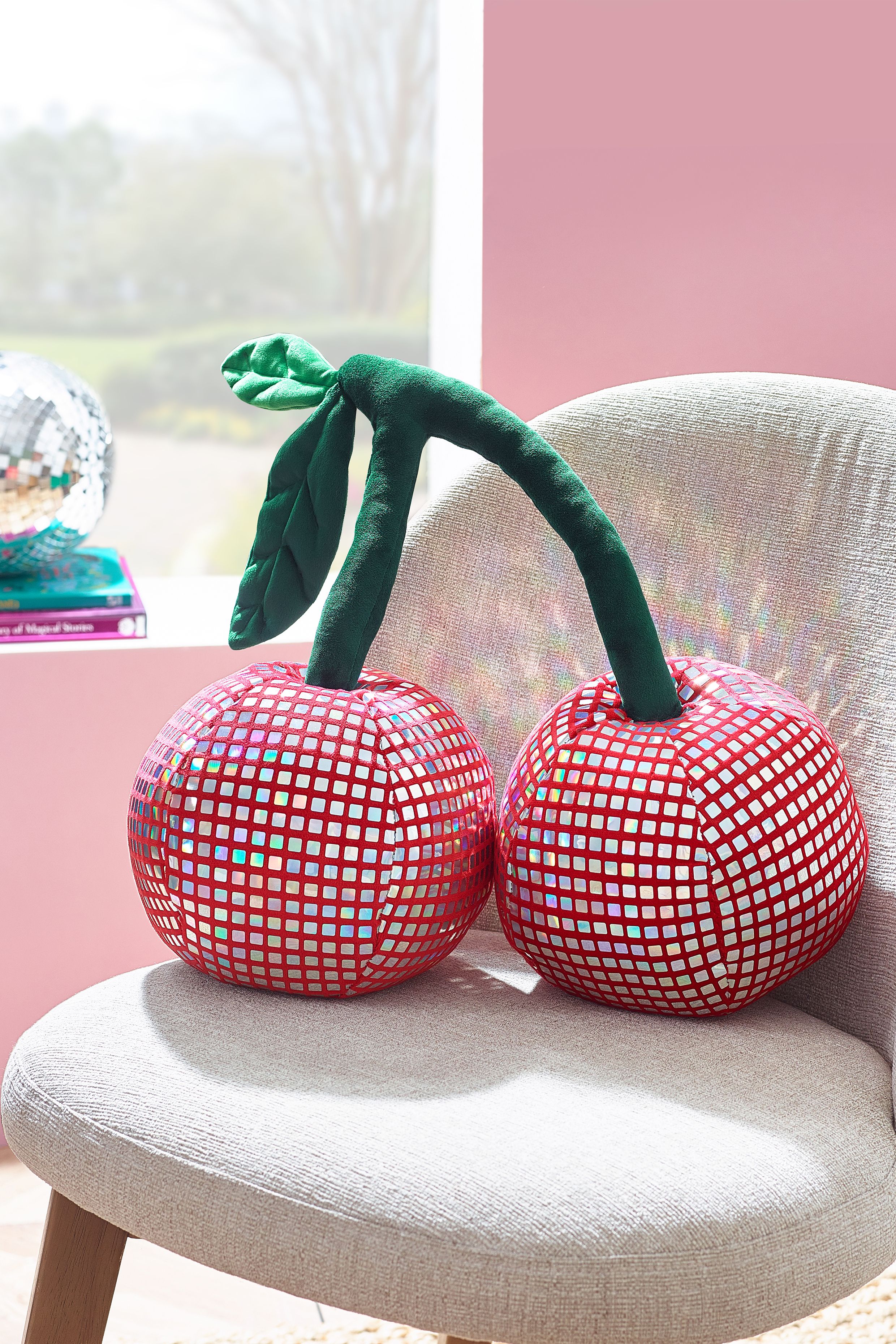 Catherine Lansfield 'Disco Cherries' 3D Shaped Cushion in Pink