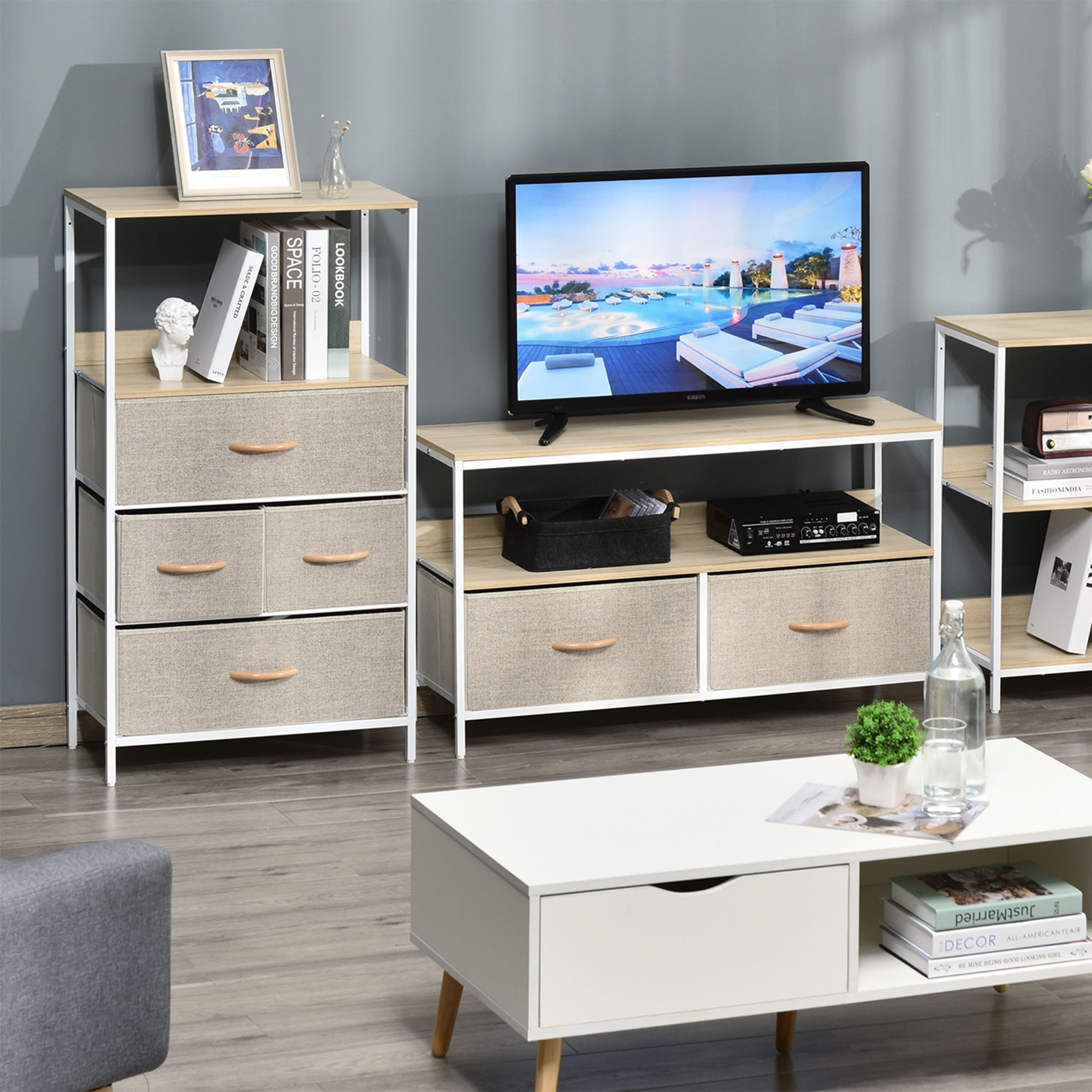 HOMCOM Drawer Storage Chest Unit Home w/ Shelves Home Living Room Bedroom in White