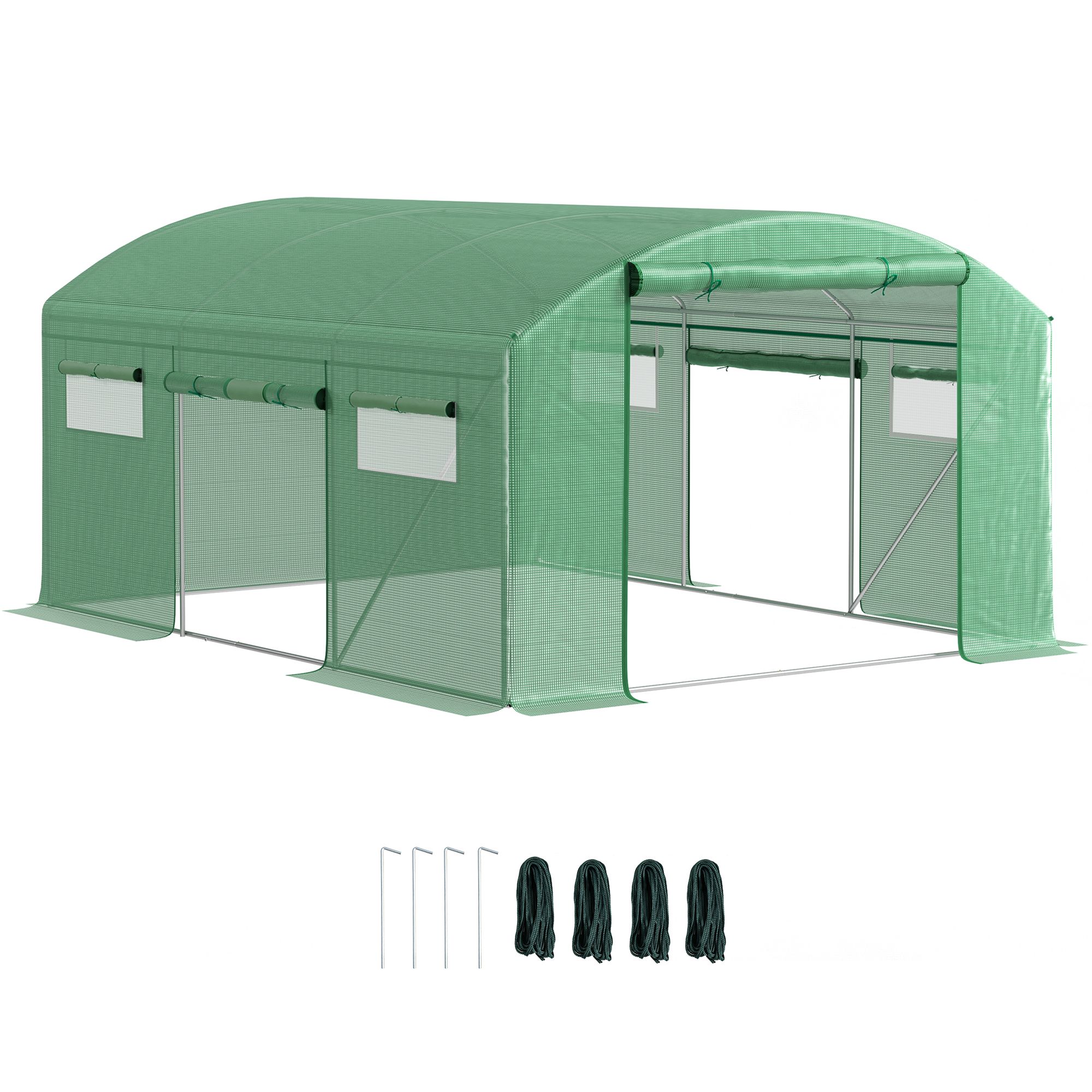 OUTSUNNY Polytunnel Greenhouse with 3 Roll-up Doors, 4 x 3 x 2m, Green 2