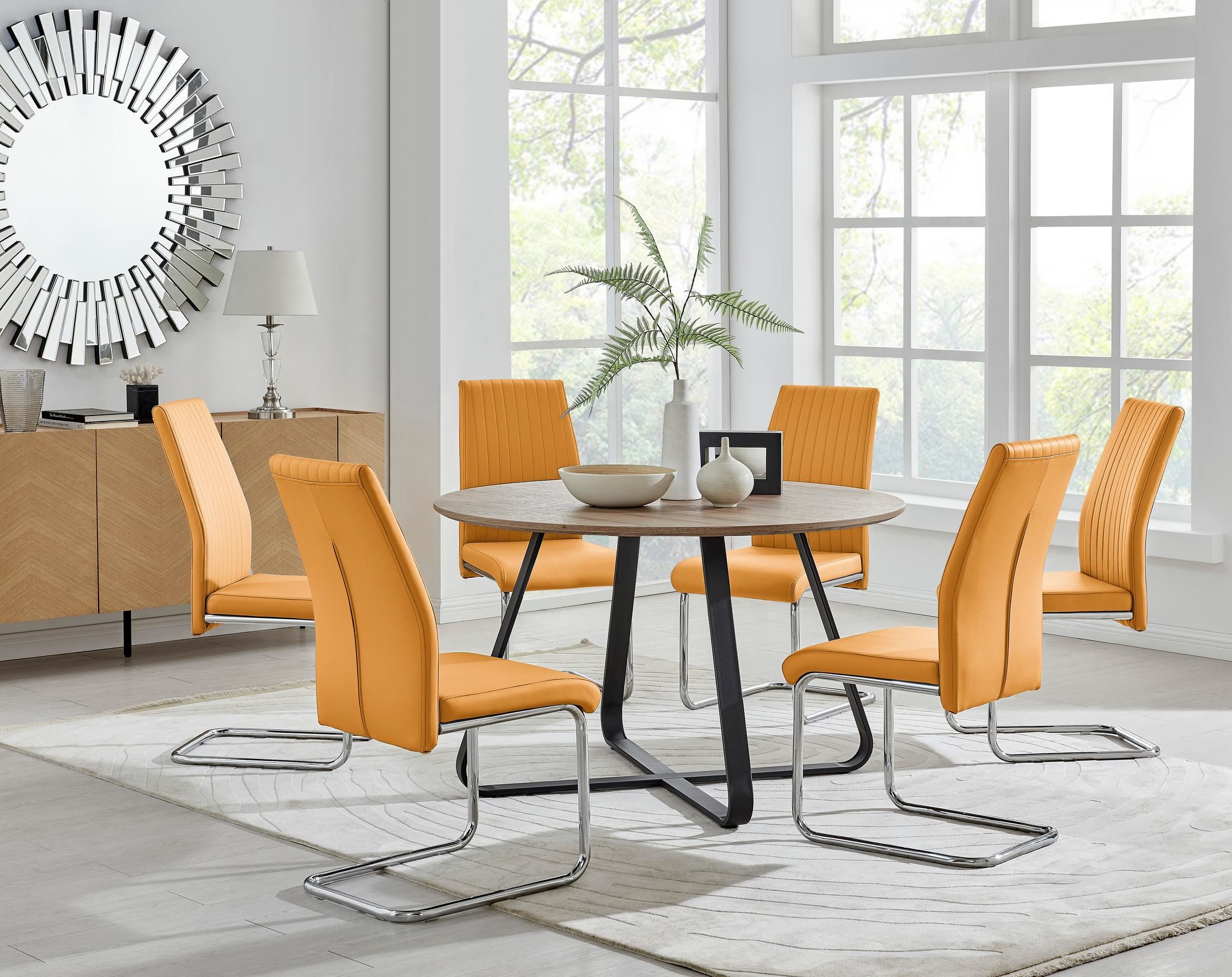 FurnitureboxUK Santorini Brown Wood Effect Dining Table & 6 Black Lorenzo Chairs in Mustard