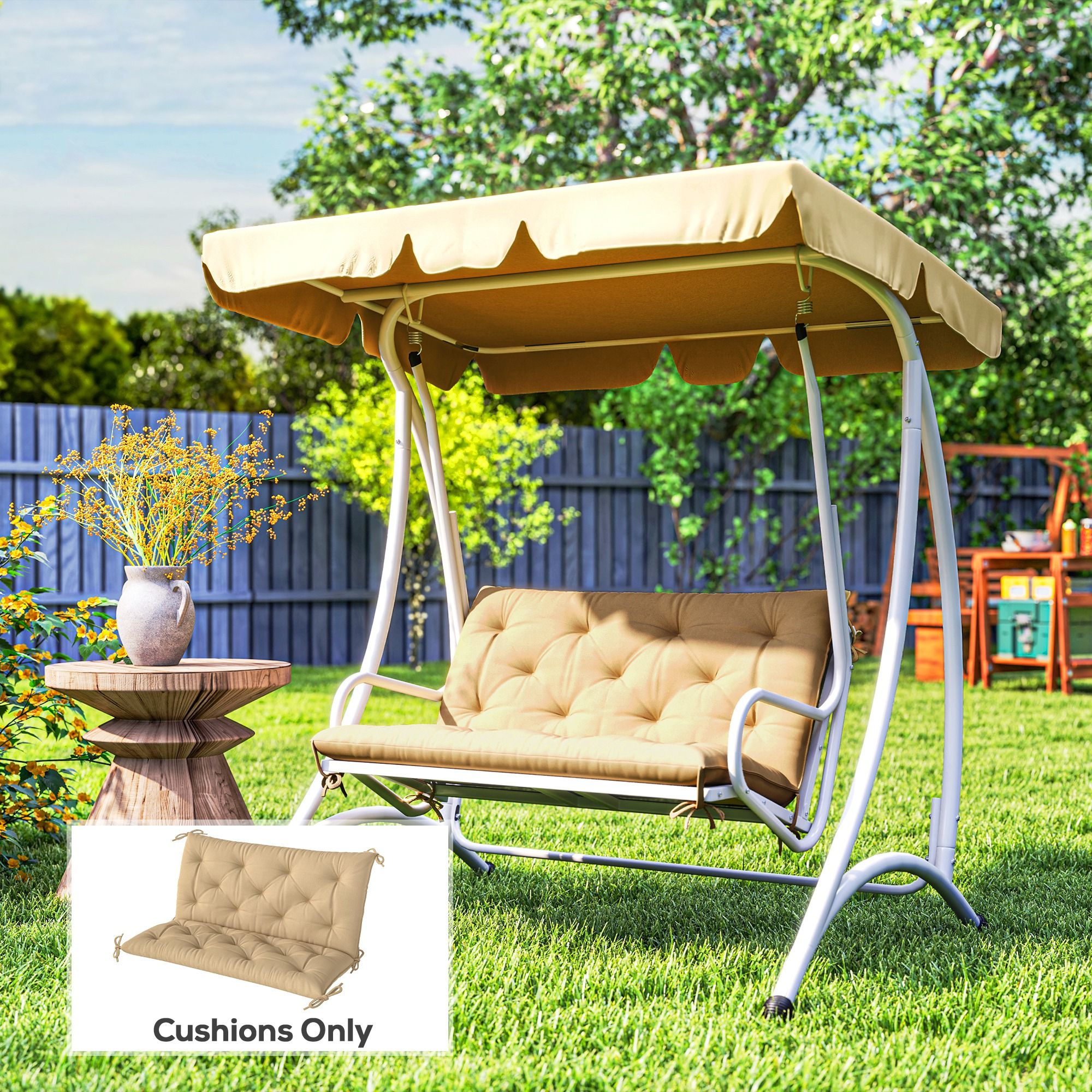 OUTSUNNY 2 Seater Garden Bench Cushion Outdoor Seat Pad with Ties in Khaki