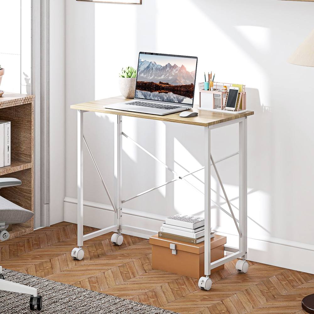 HOMCOM Folding Desk on Wheels, Writing Table for Home Office, Natural in Light Oak