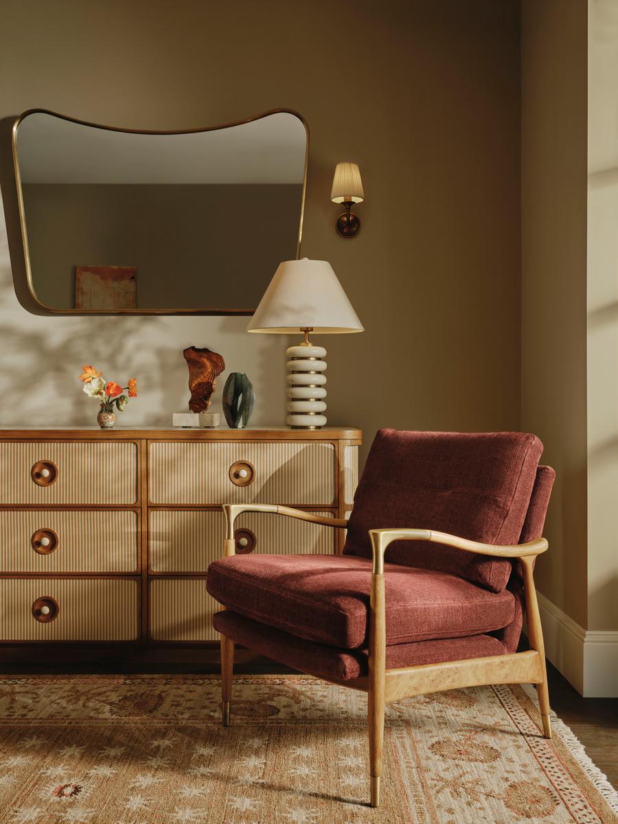 Theodore Burl Armchair, Linen Chenille, Bordeaux