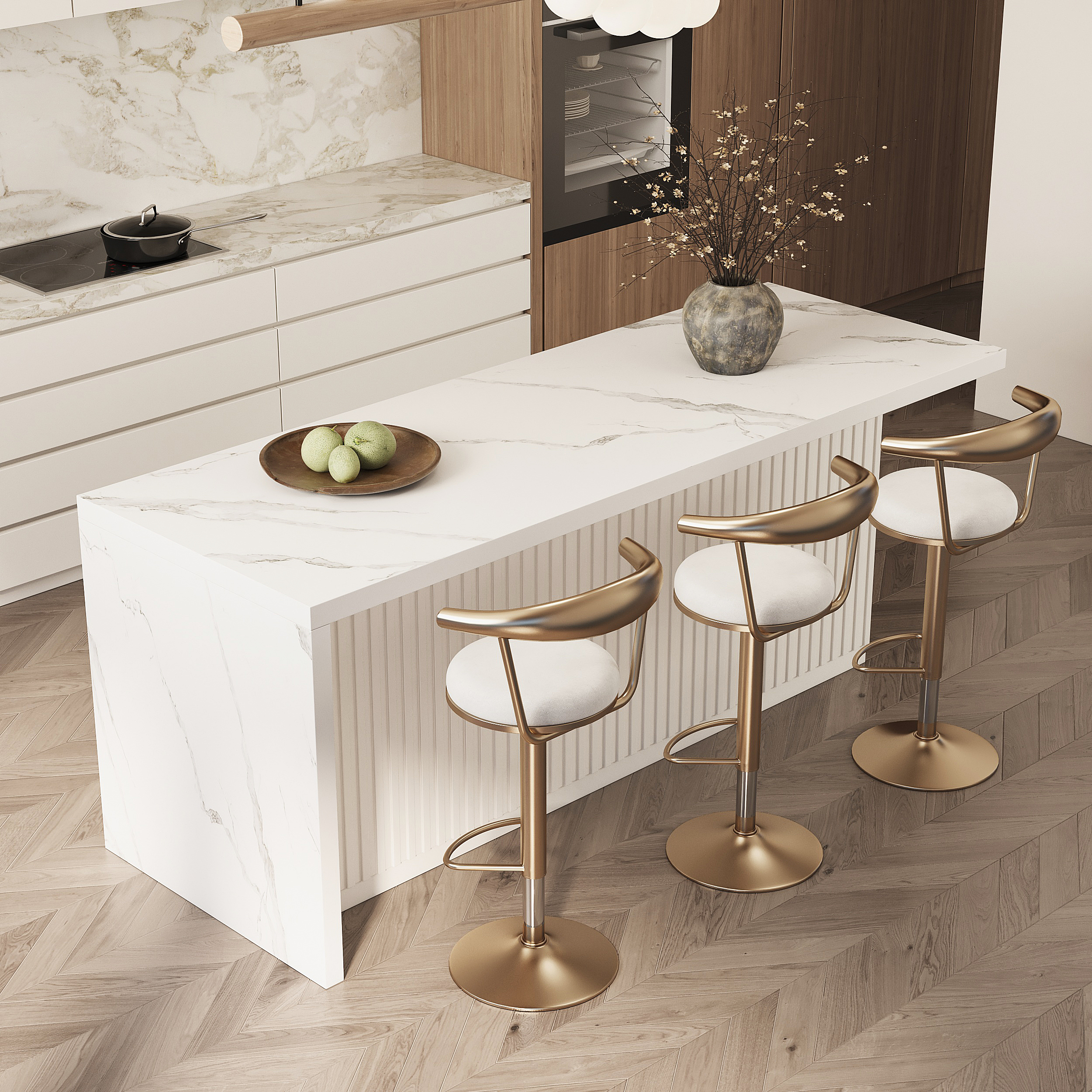 1830mm Large White Kitchen Island & 3 Bar Height Stools Set Adjustable & Swivel