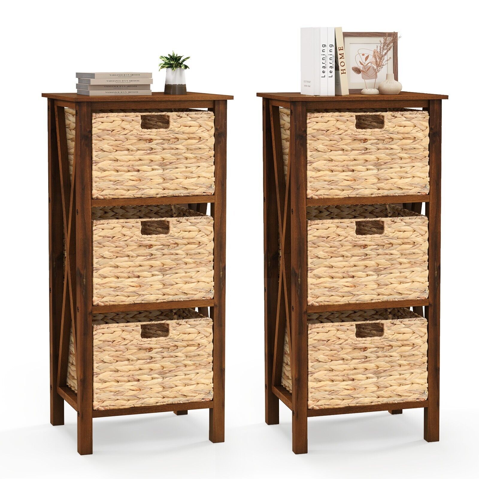 Costway Set of 2 Nightstand 3-Tier Sofa Side Table X-Shaped 3-Drawer End Table in Brown