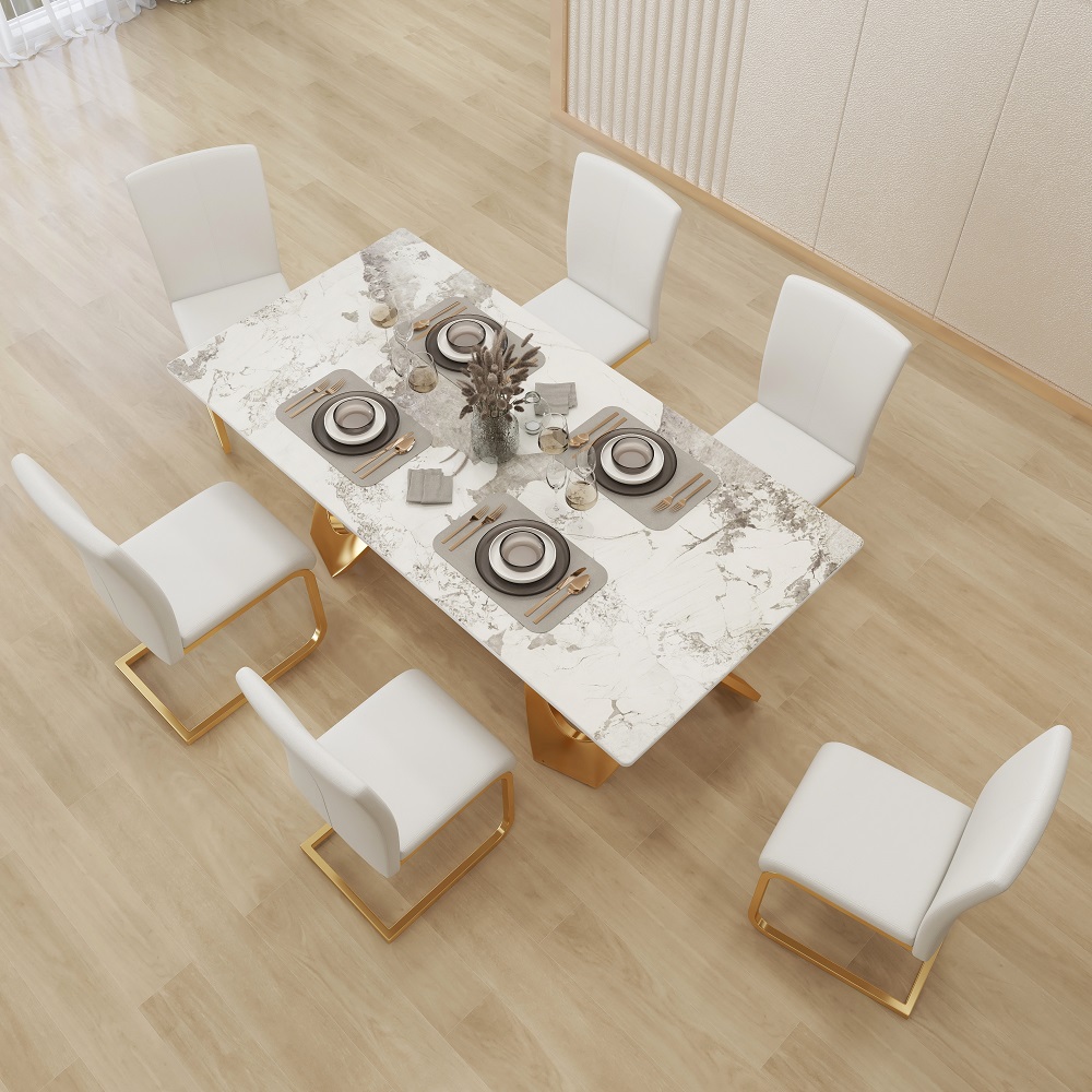 Modern Minimalist Dining Chairs Upholstered PU Leather White Gold Metal Base Dining Room Chairs 6-Pieces