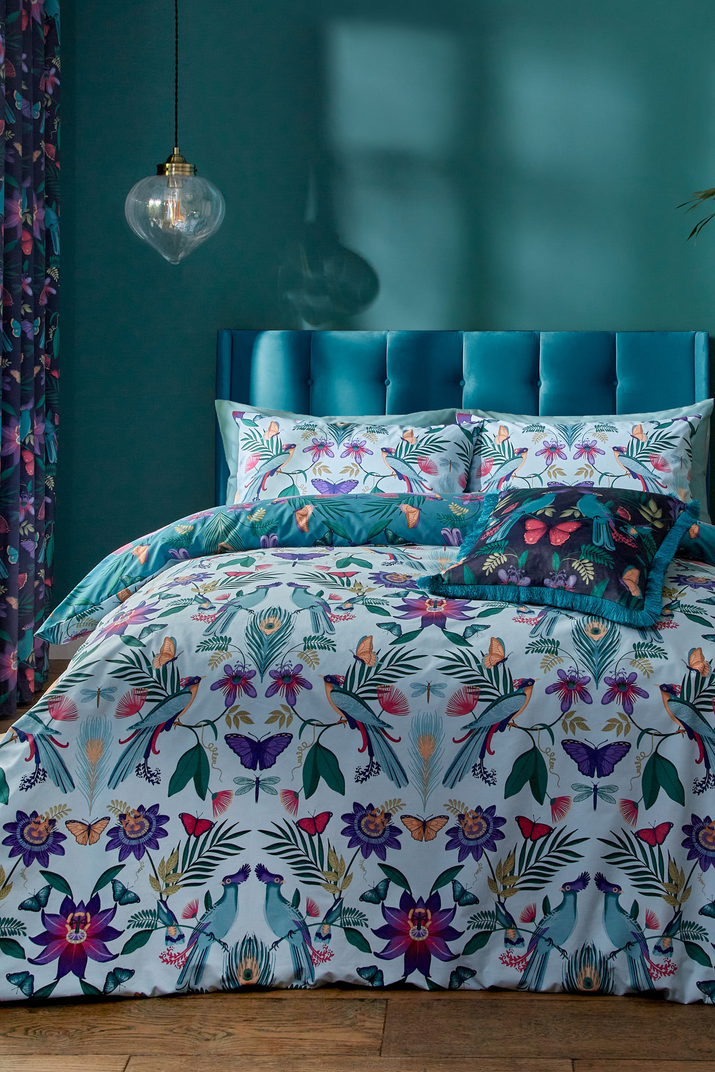 Catherine Lansfield 'Mya Tropical Floral' Reversible Duvet Cover Set in Duck Egg Blue