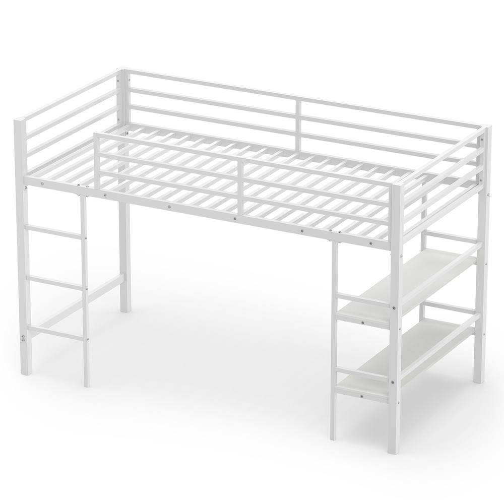 Costway Single Size Metal Loft Bed Metal Bed Frame w/Guardrails & Shelves in White