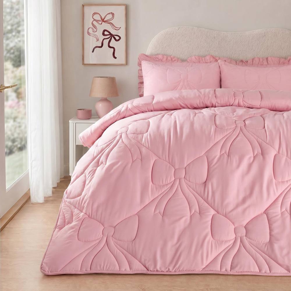 OHS Bow Lattice Coverless 7.5 TOG Duvet Bedding Set with Pillowcase in Dusty Pink