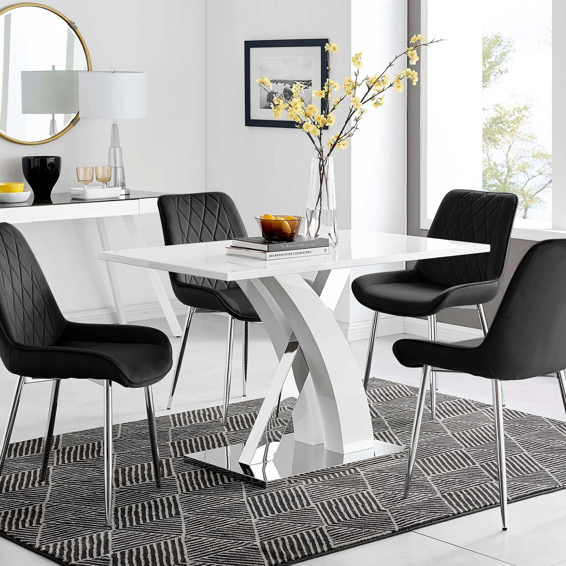 FurnitureboxUK Atlanta White High Gloss & Chrome 4 Seater Dining Table with X Shaped Legs & 4 Soft Velvet Pesaro Chairs in Black