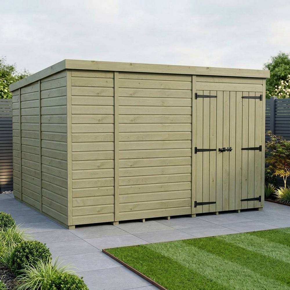 Buttercup Farm 10ft x 10ft Pent Garden Shed Double Door No Windows - Timber in Brown 2