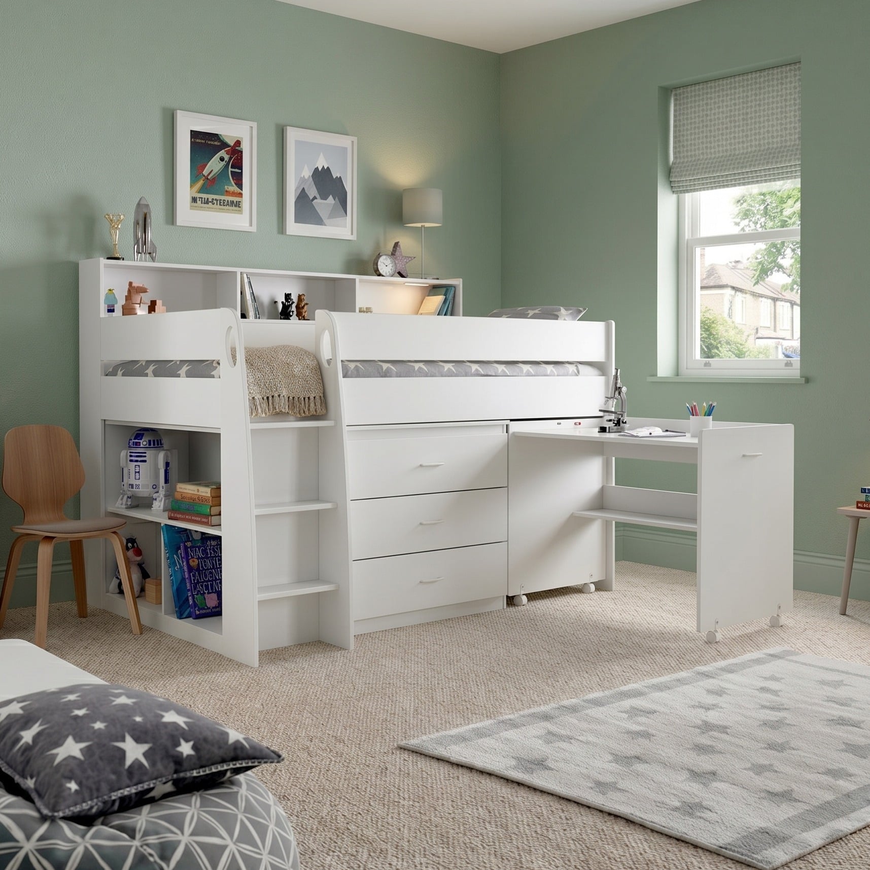 Ersa - Single - Kids Mid Sleeper Bed Bed - Storage and Desk - White - Wooden - 3ft - Happy Beds