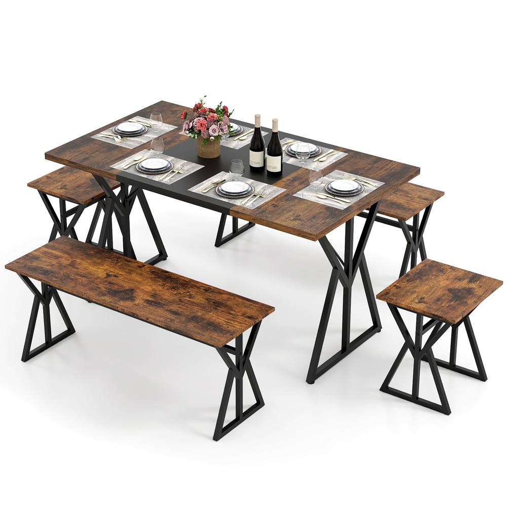 Costway 5PCS Dining Room Set Industrial Kitchen Table w/2 Benches & 2 Stools in Brown
